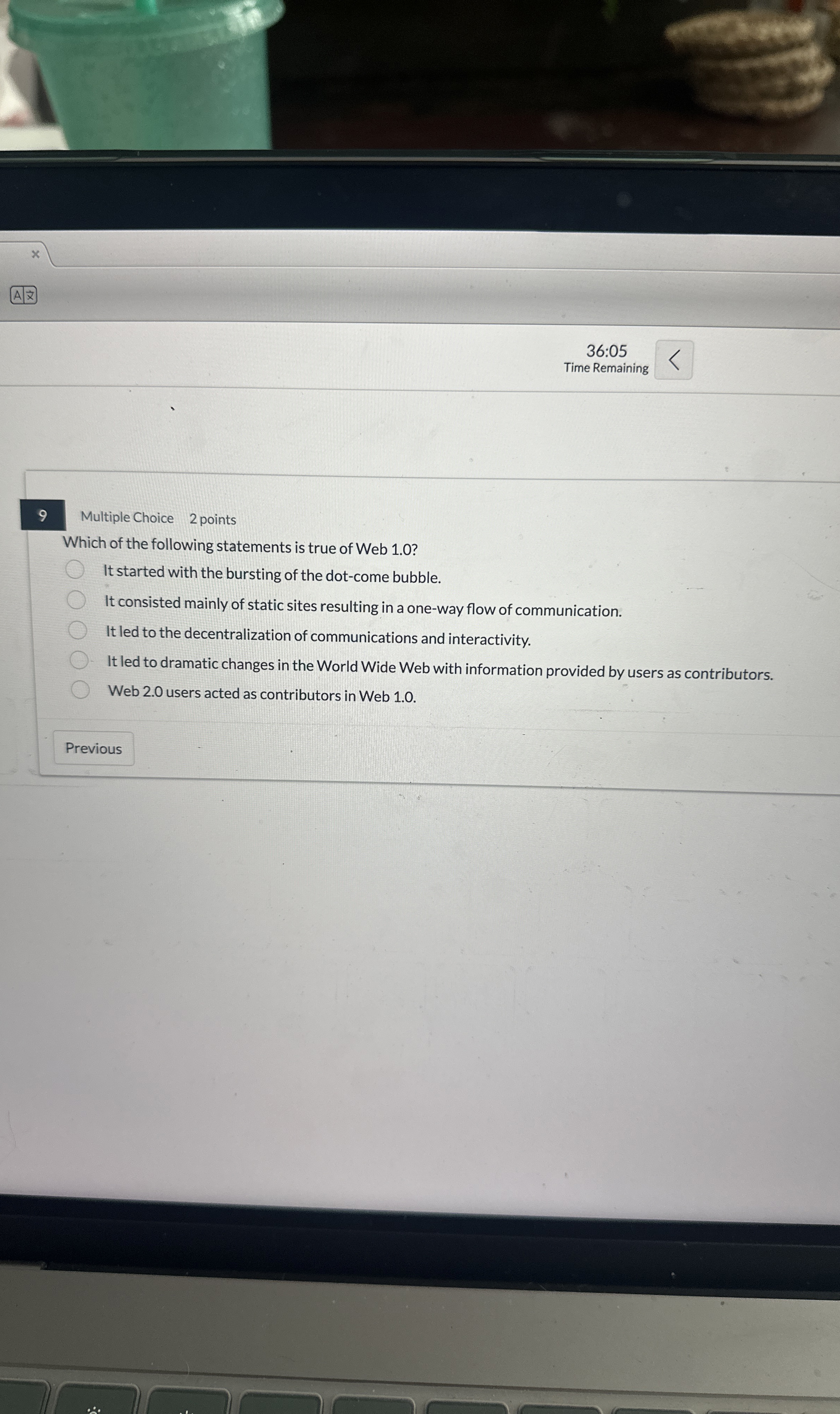 A 3 6 : 0 5 Time Remaining 9 Multiple Choice 2