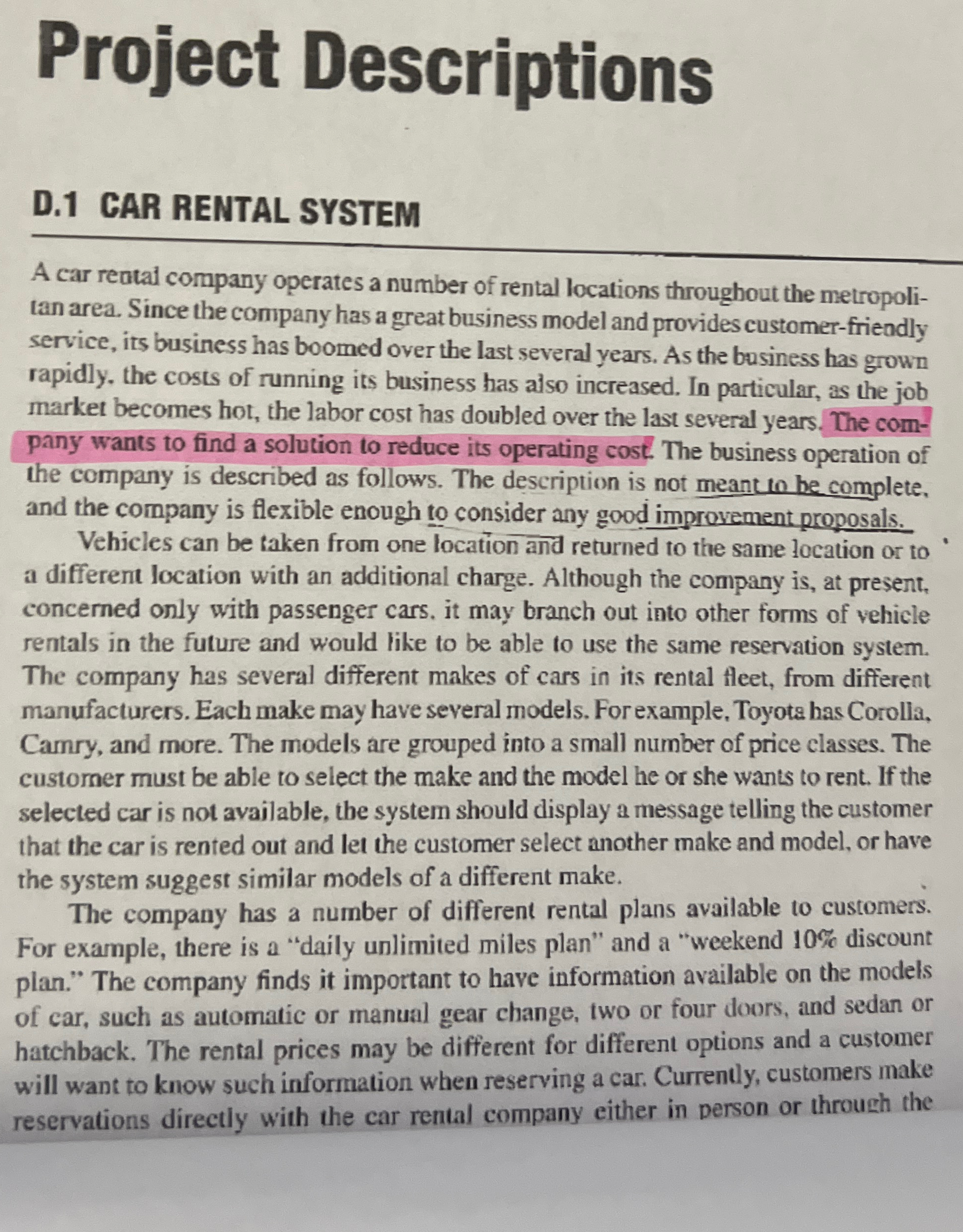 D . 1 CAR RENTAL SYSTEM A car reatal company