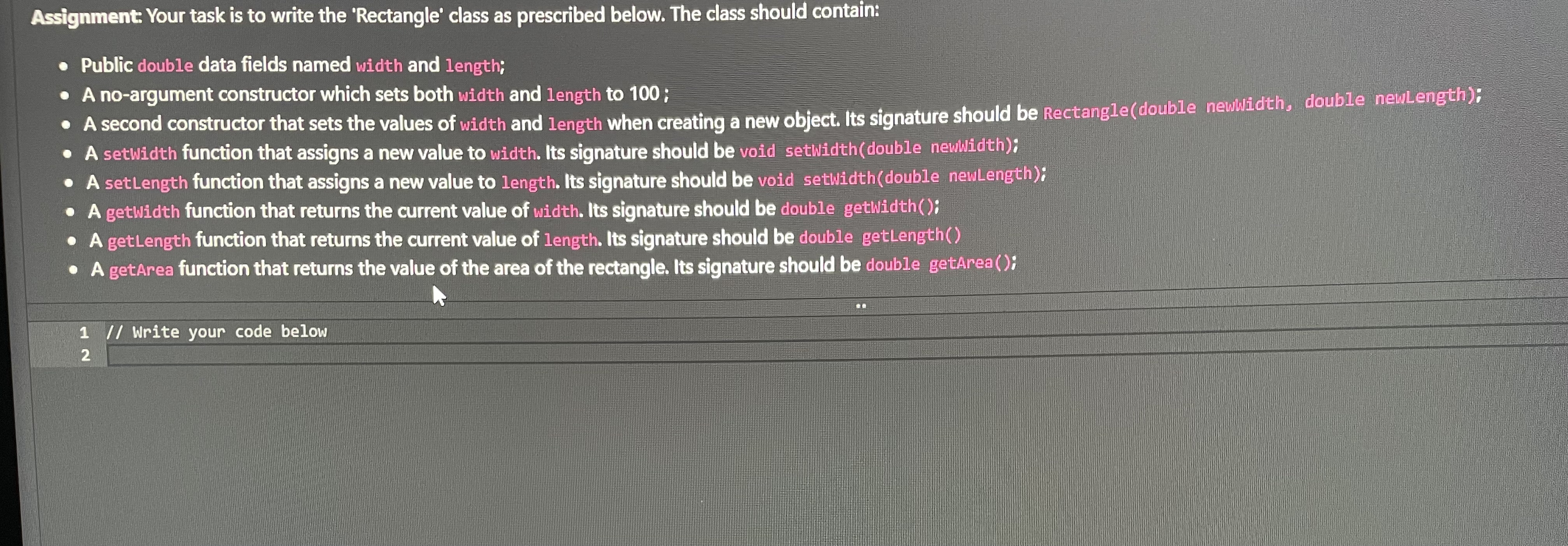 Assignment: Your task is to write the 'Rectangle'