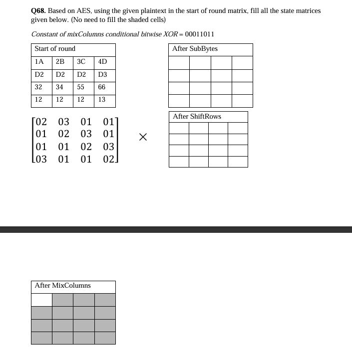 fill only the state After MixColumns matrice show