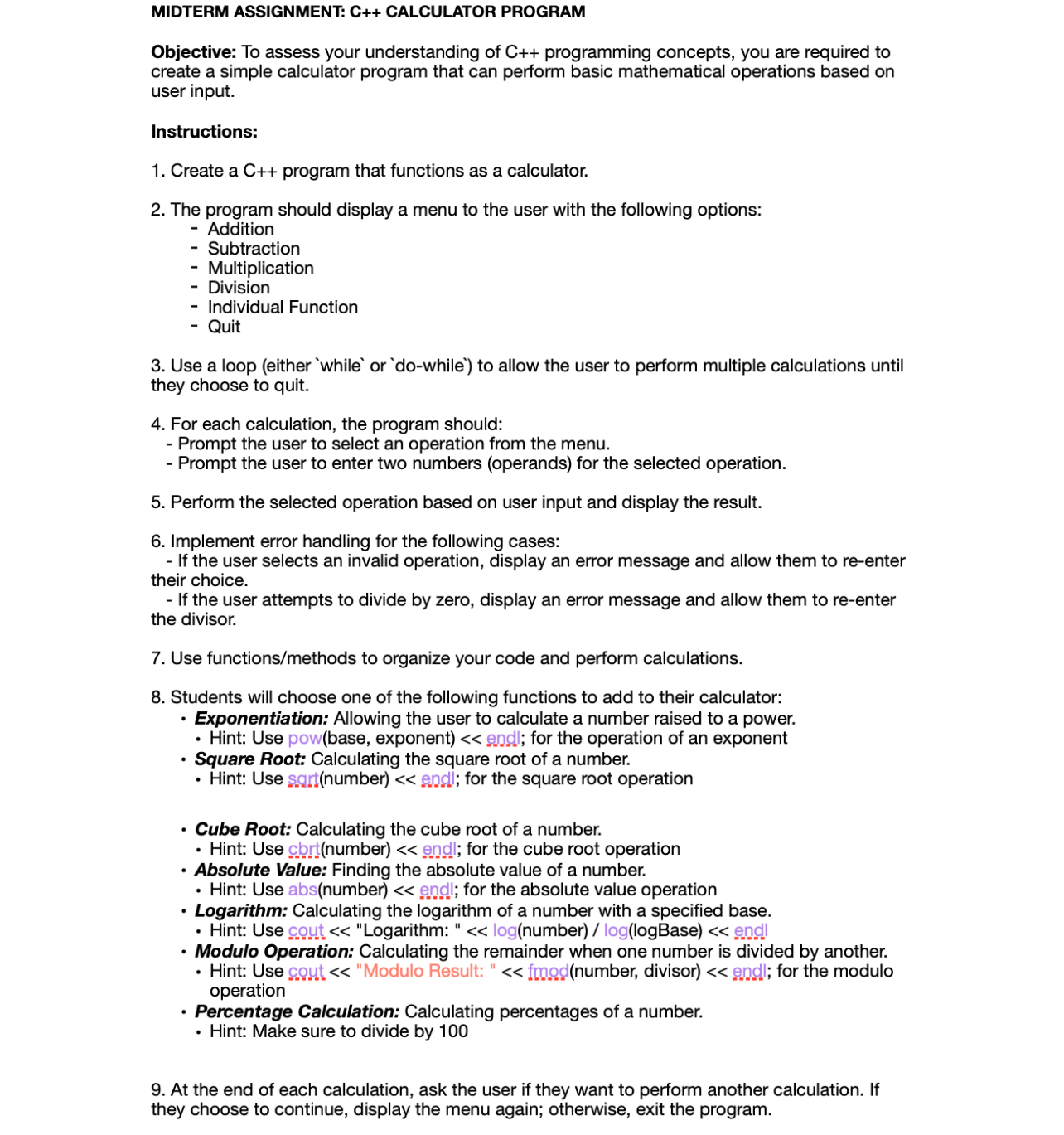 MIDTERM ASSIGNMENT: C + + CALCULATOR PROGRAM