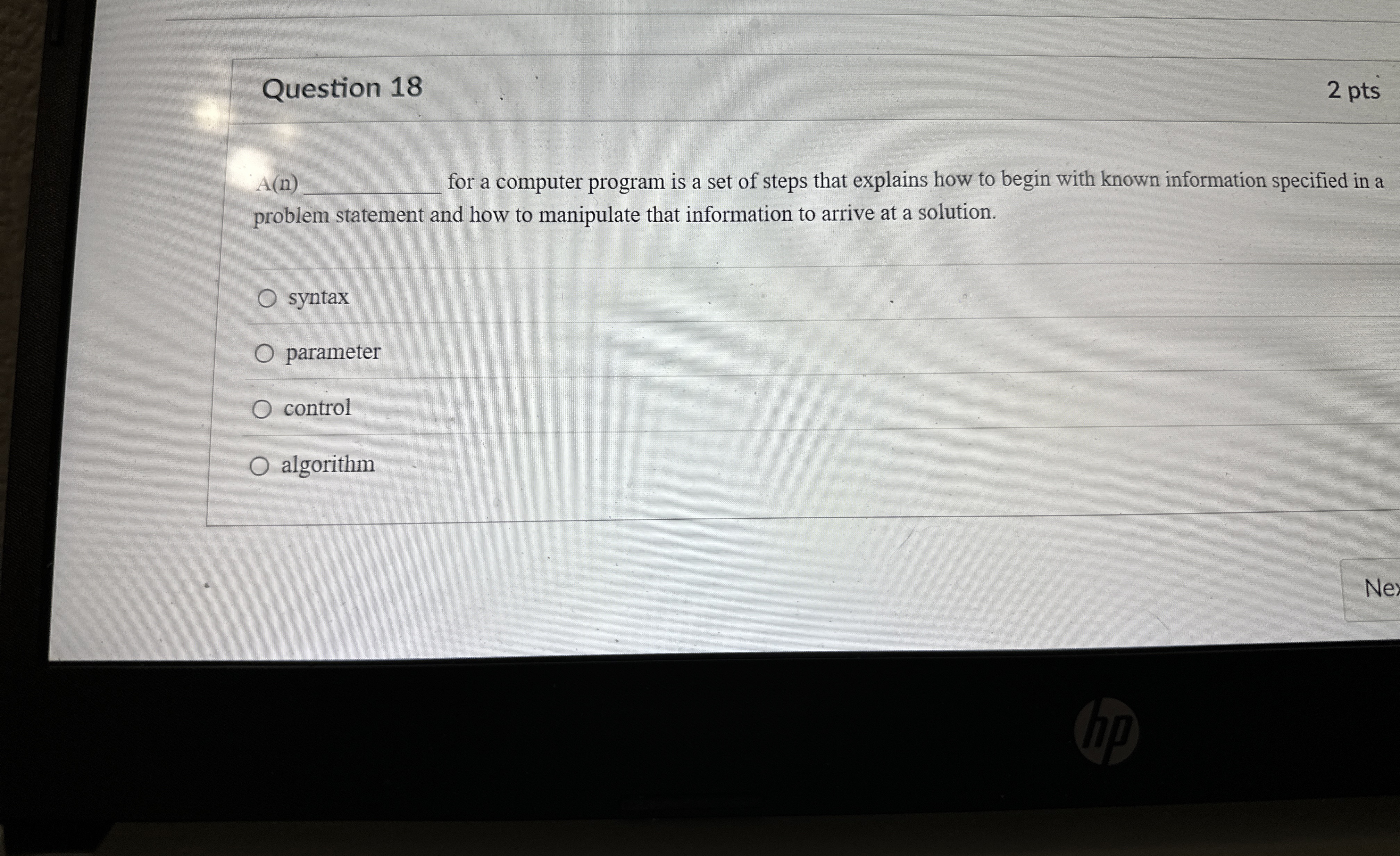 Question 1 8 2 pts A ( n for a computer program