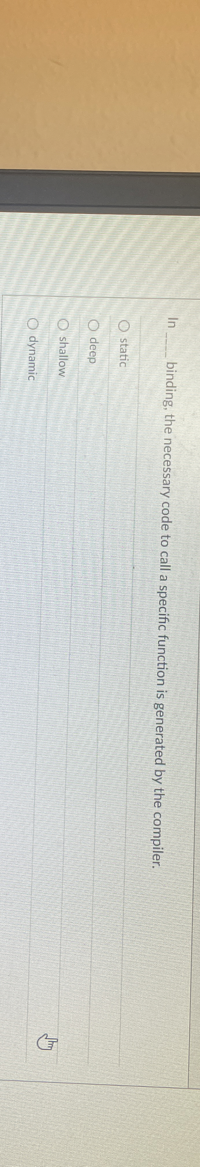 In binding, the necessary code to call a specific