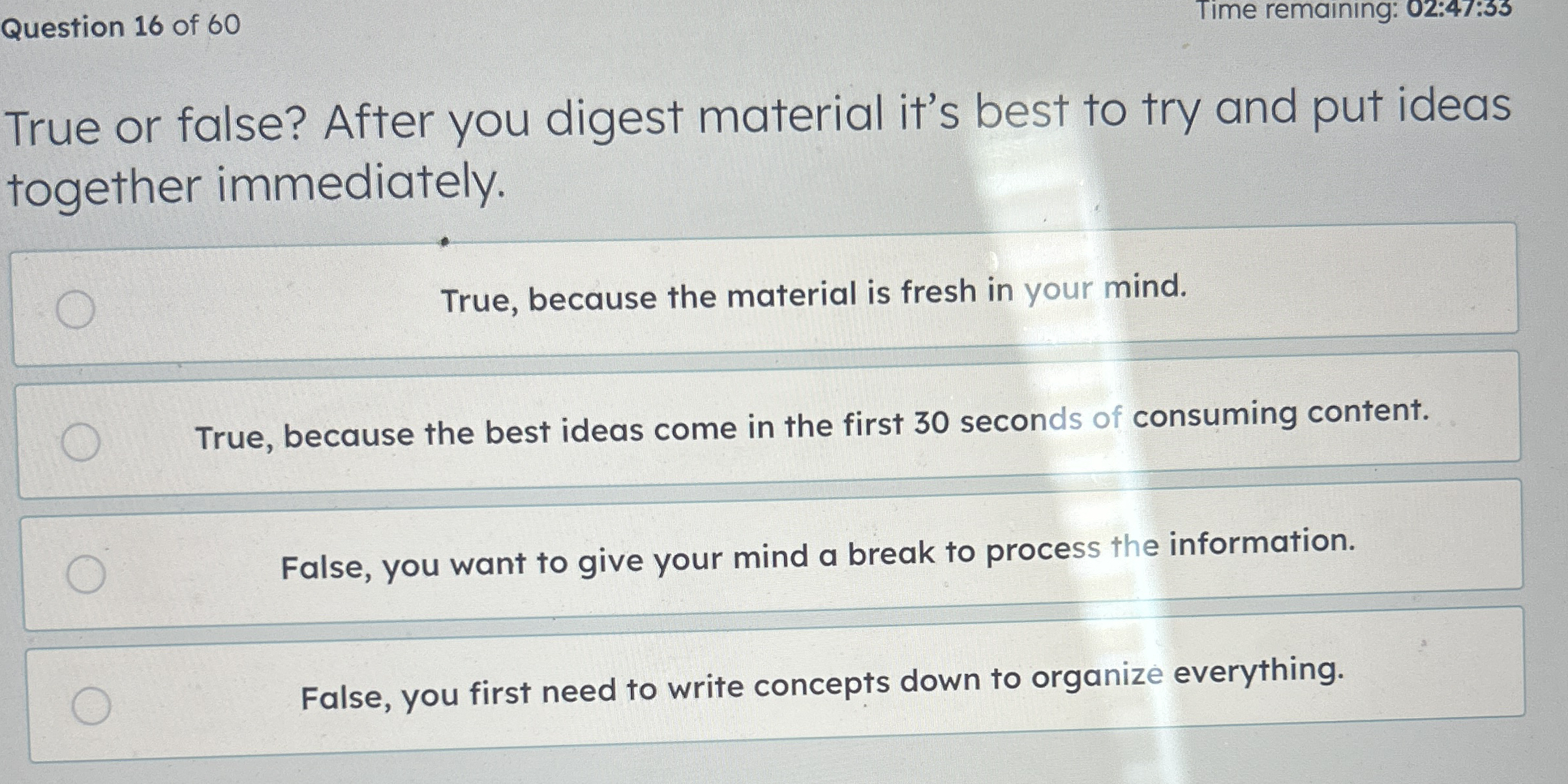 Question 1 6 of 6 0 Time rema ning: 0 2 : 4 7 : 3