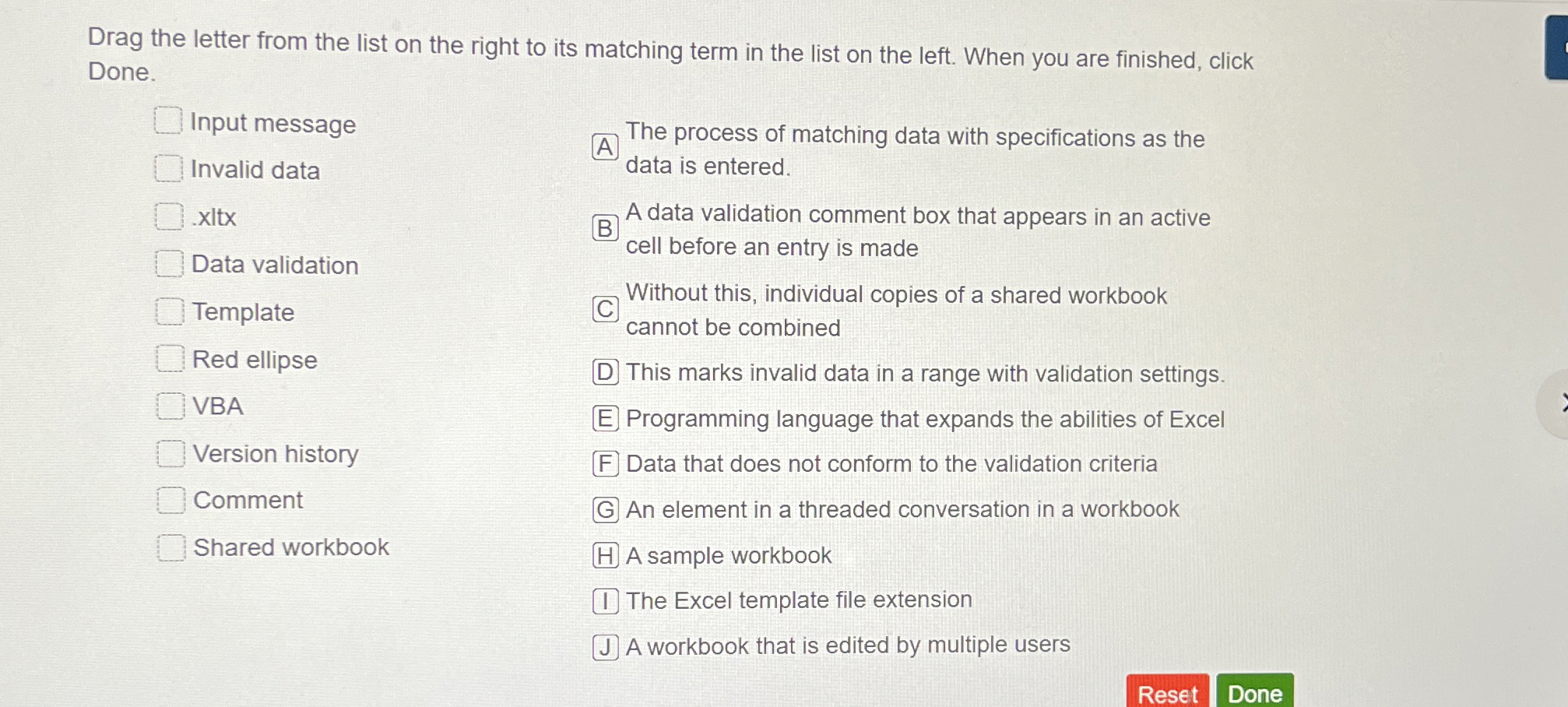 Drag the letter from the list on the right to its