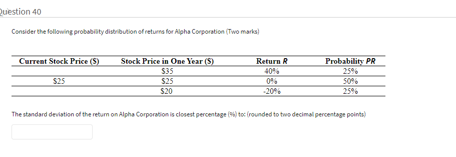 Question 40 The standard deviation of the return