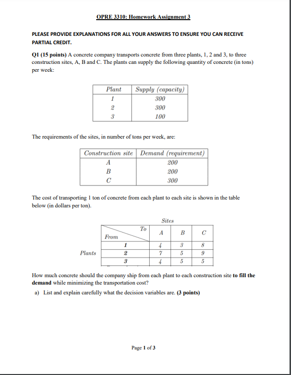 OPRE 3310: Homework Assignment 3 PLEASE PROVIDE