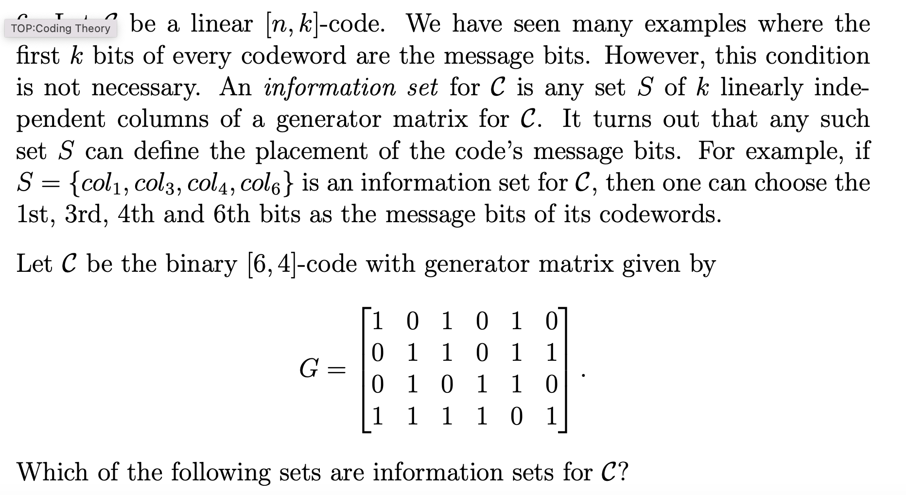 Top:coding Theory be a linear n , k - code. We