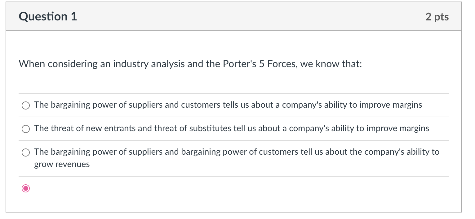 Question 1 2 pts When considering an industry