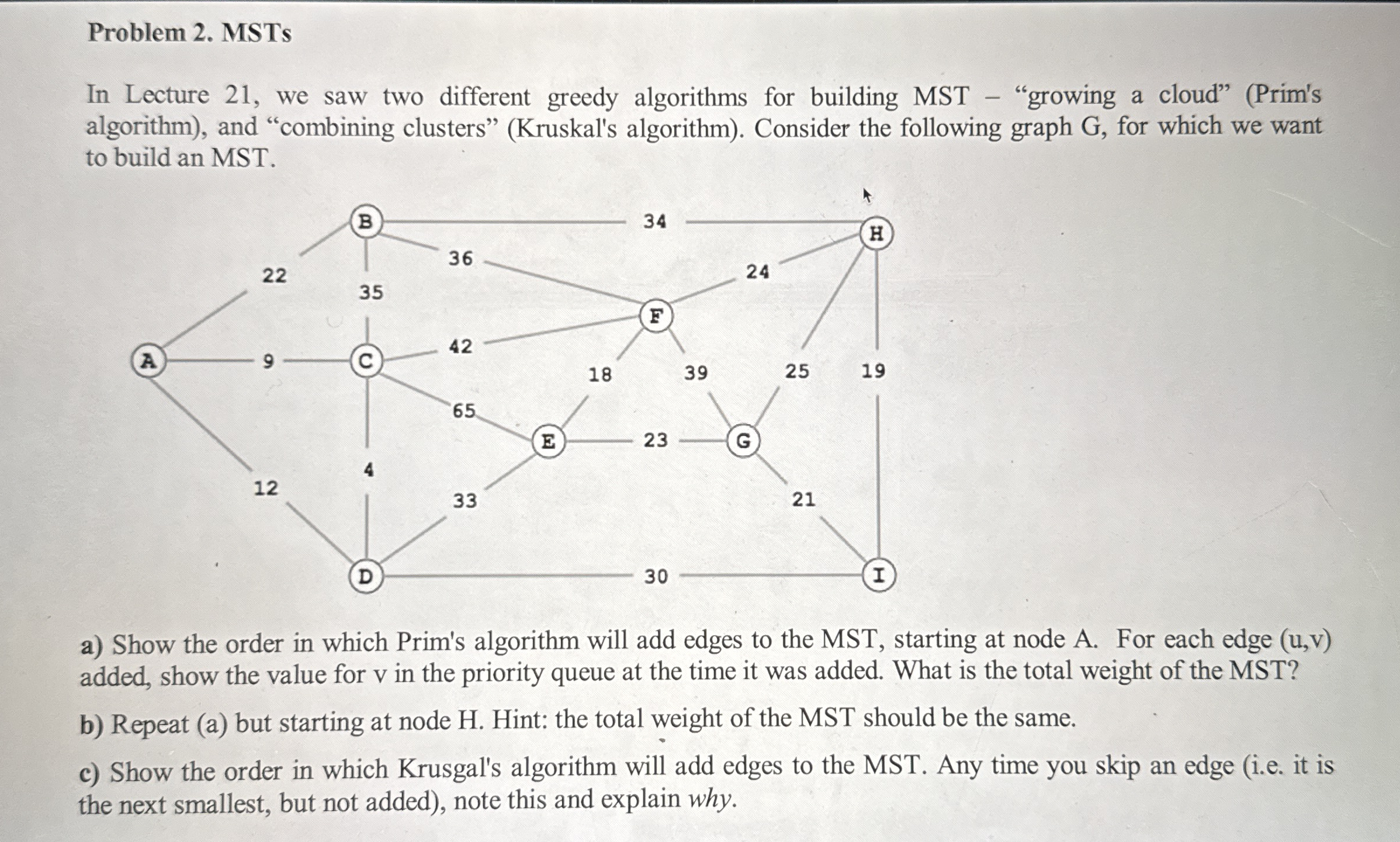 Problem 2 . MSTs In Lecture 2 1 , we saw two