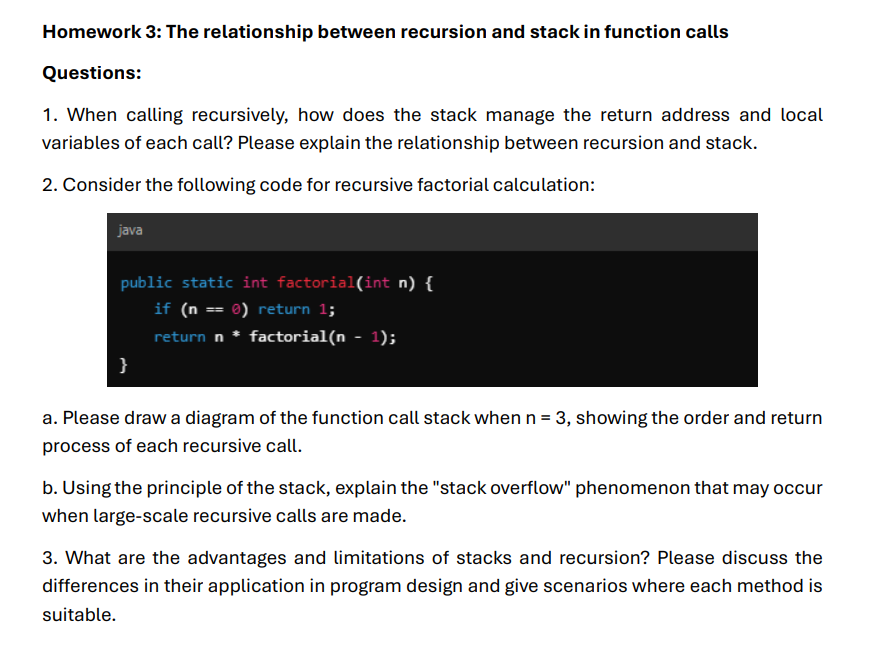 1 . When calling recursively, how does the stack