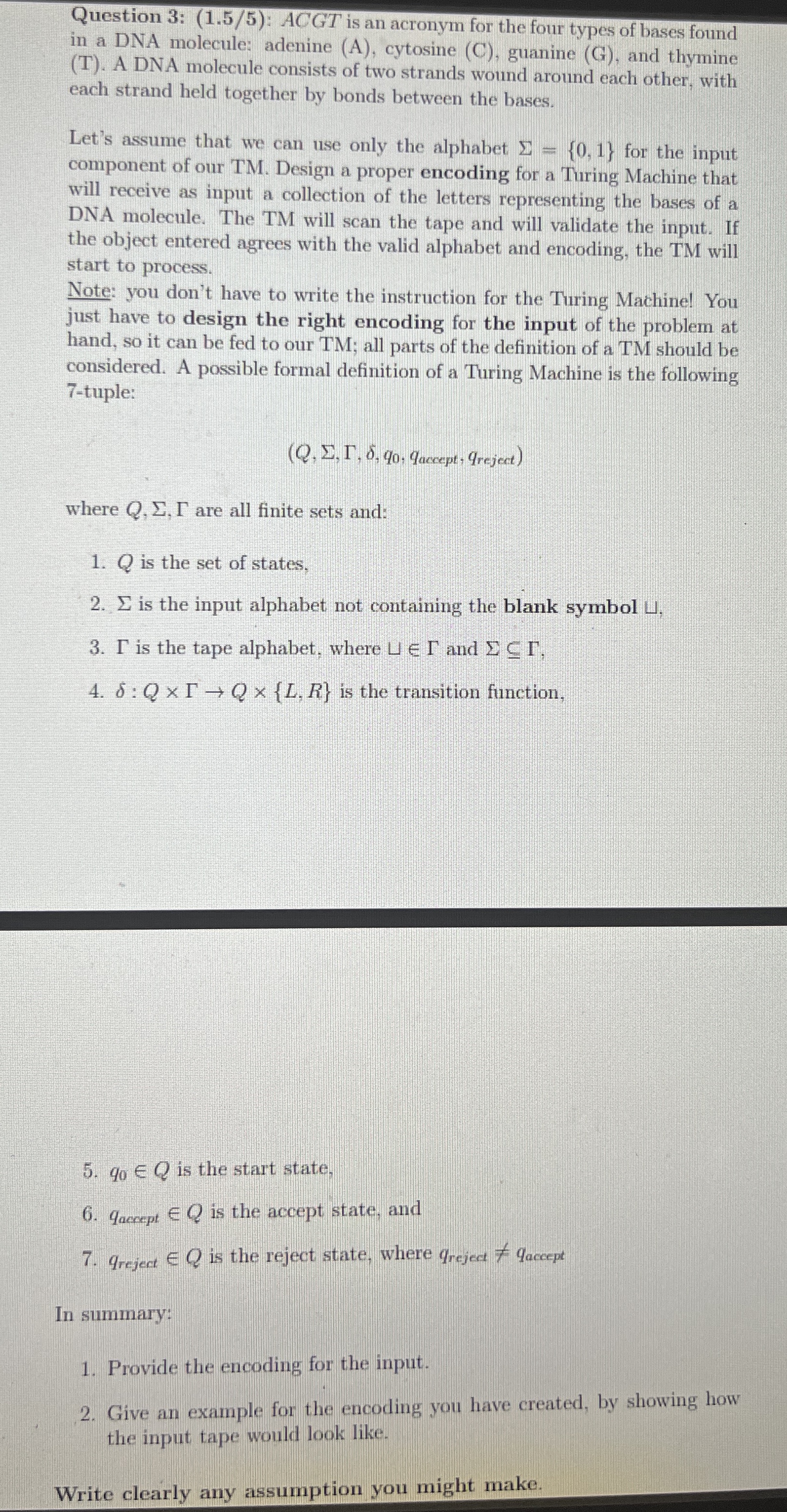 Question 3 : ( 1 . 5 5 ) : ACGT is an acronym for