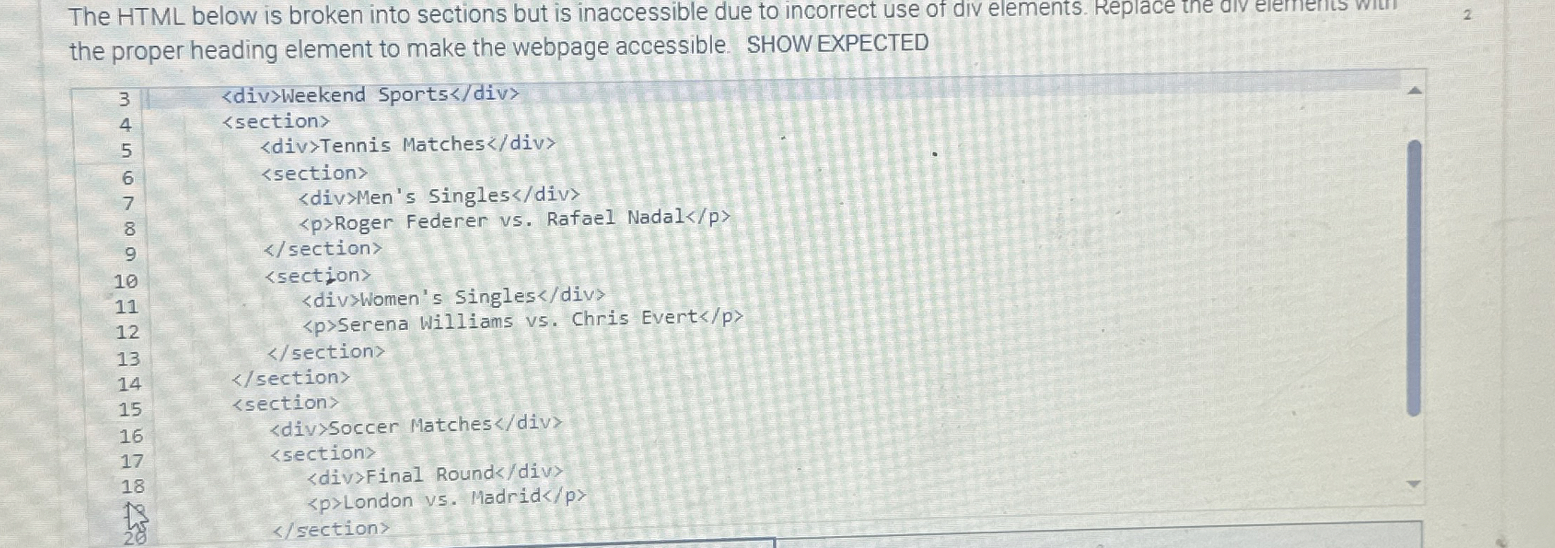 The HTML below is broken into sections but is