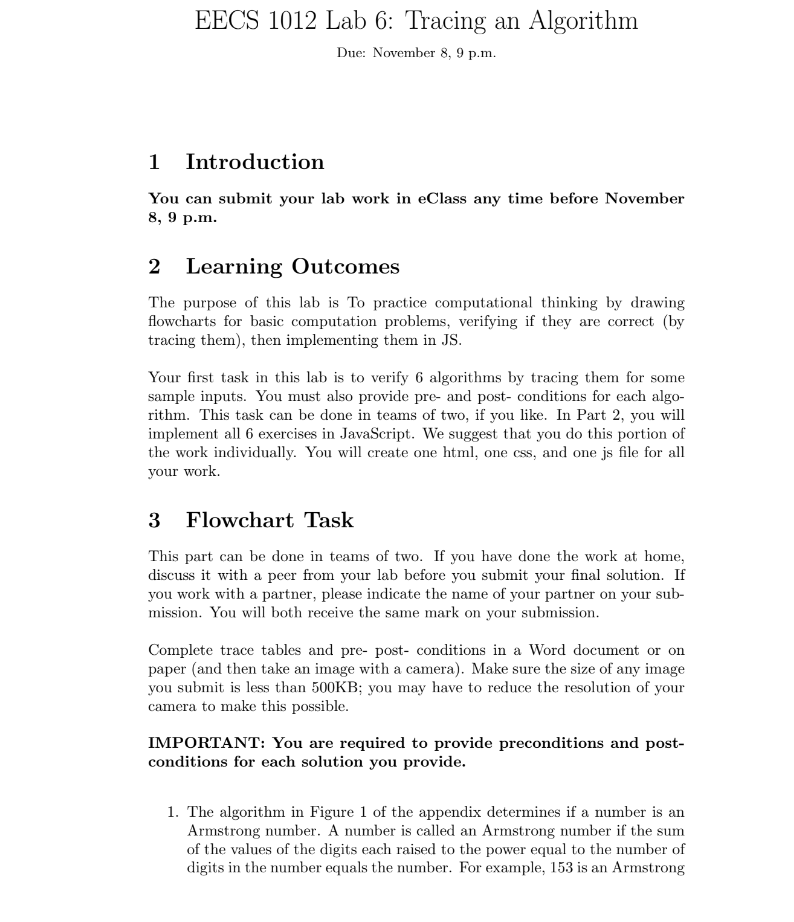 EECS 1 0 1 2 Lab 6 : Tracing an Algorithm Due: