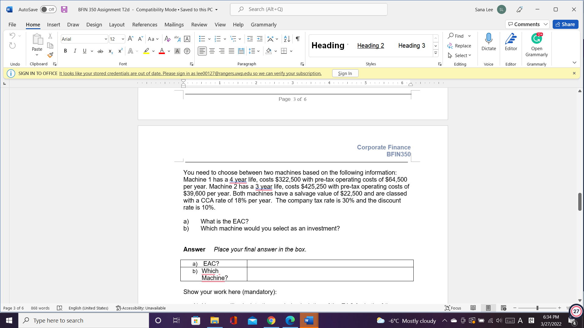 W AutoSave Off BFIN 350 Assignment T2d -