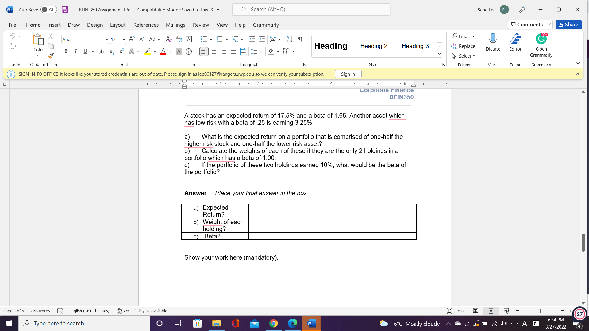 W AutoSave Off BFIN 350 Assignment T2d -
