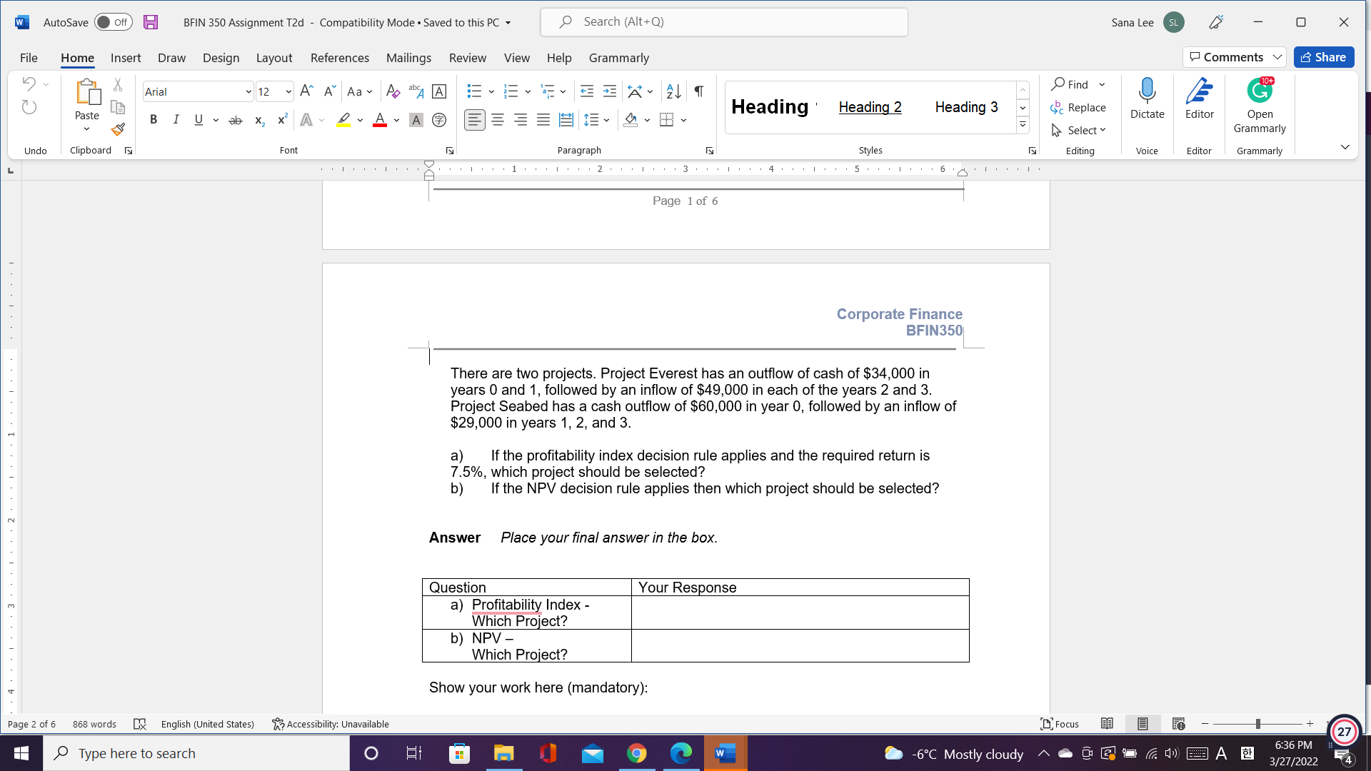 W AutoSave Off BFIN 350 Assignment T2d -