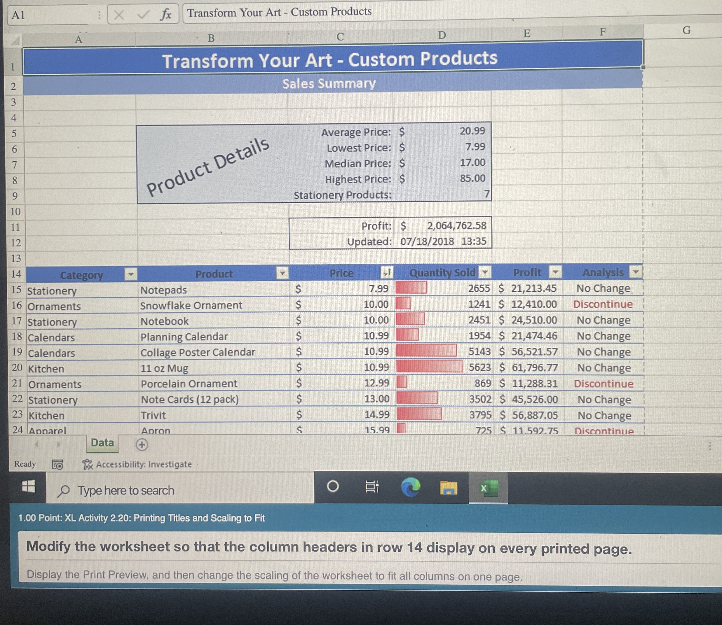 Modify the worksheet so that the column headers