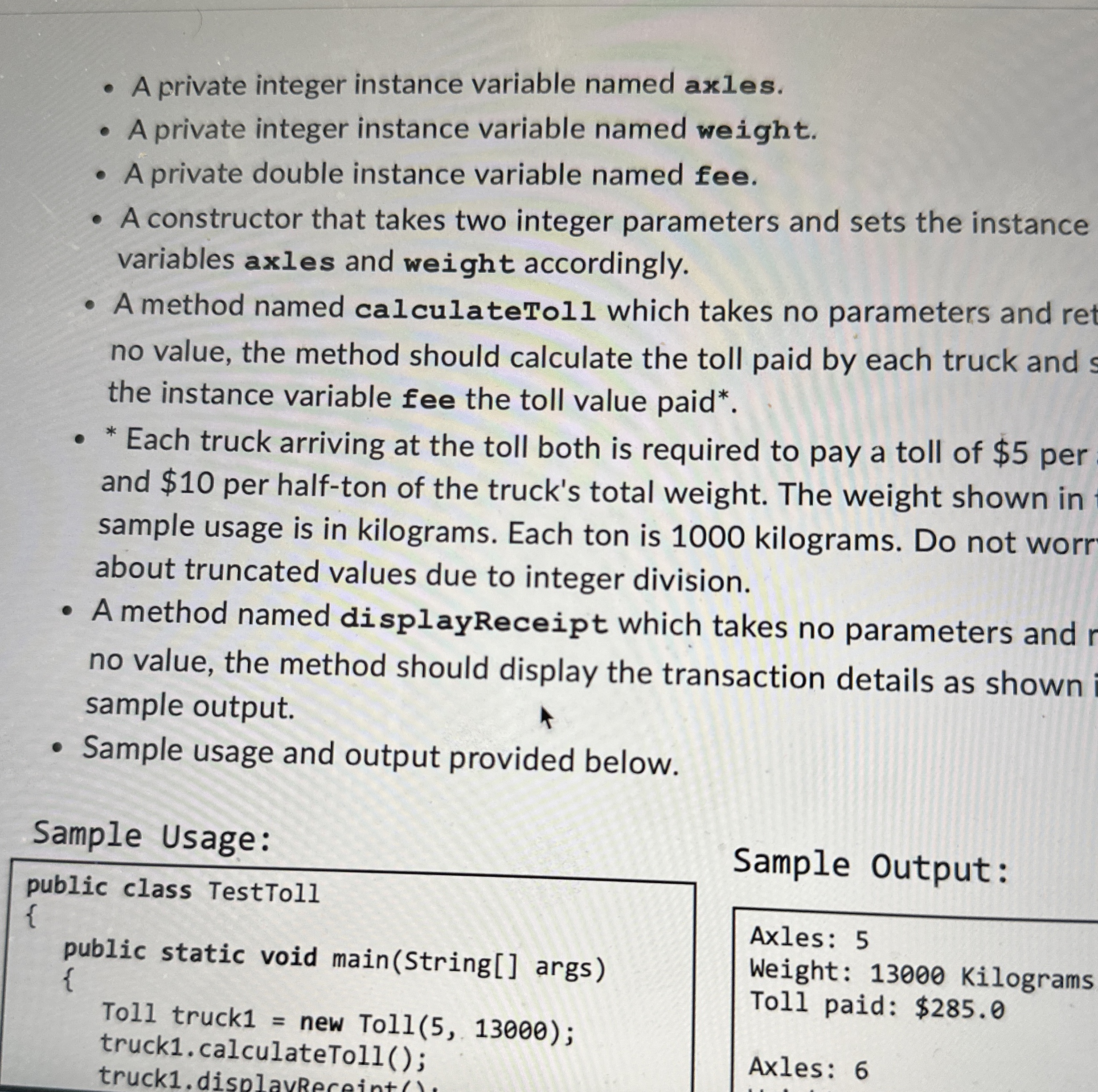 A private integer instance variable named axles.