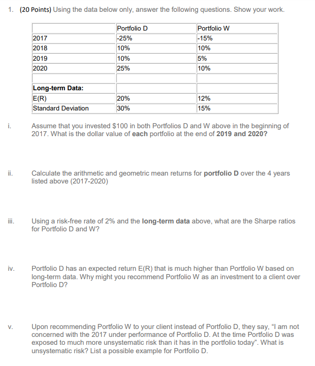 1. (20 Points) Using the data below only, answer