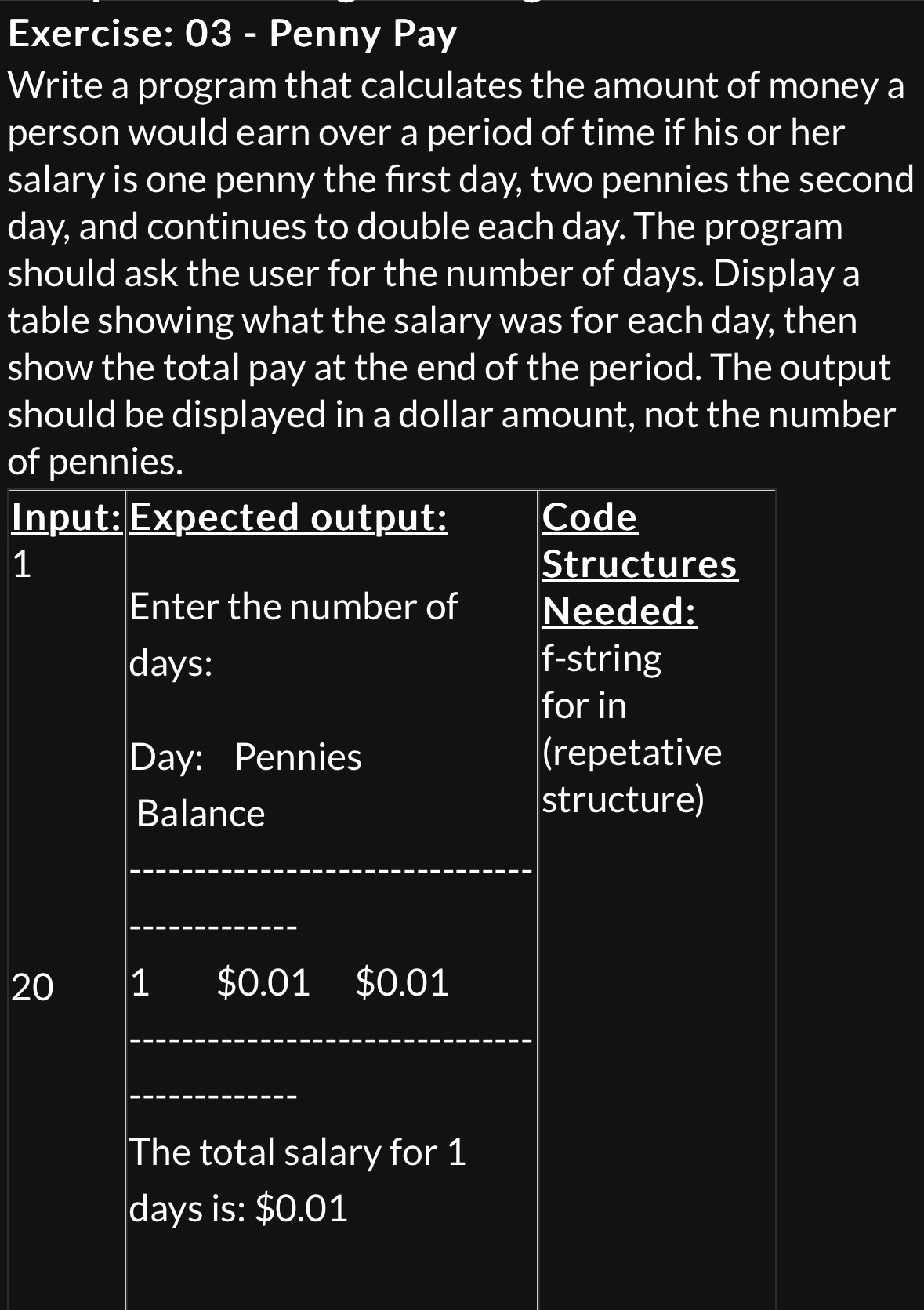 Exercise: 0 3 - Penny Pay Write a program that