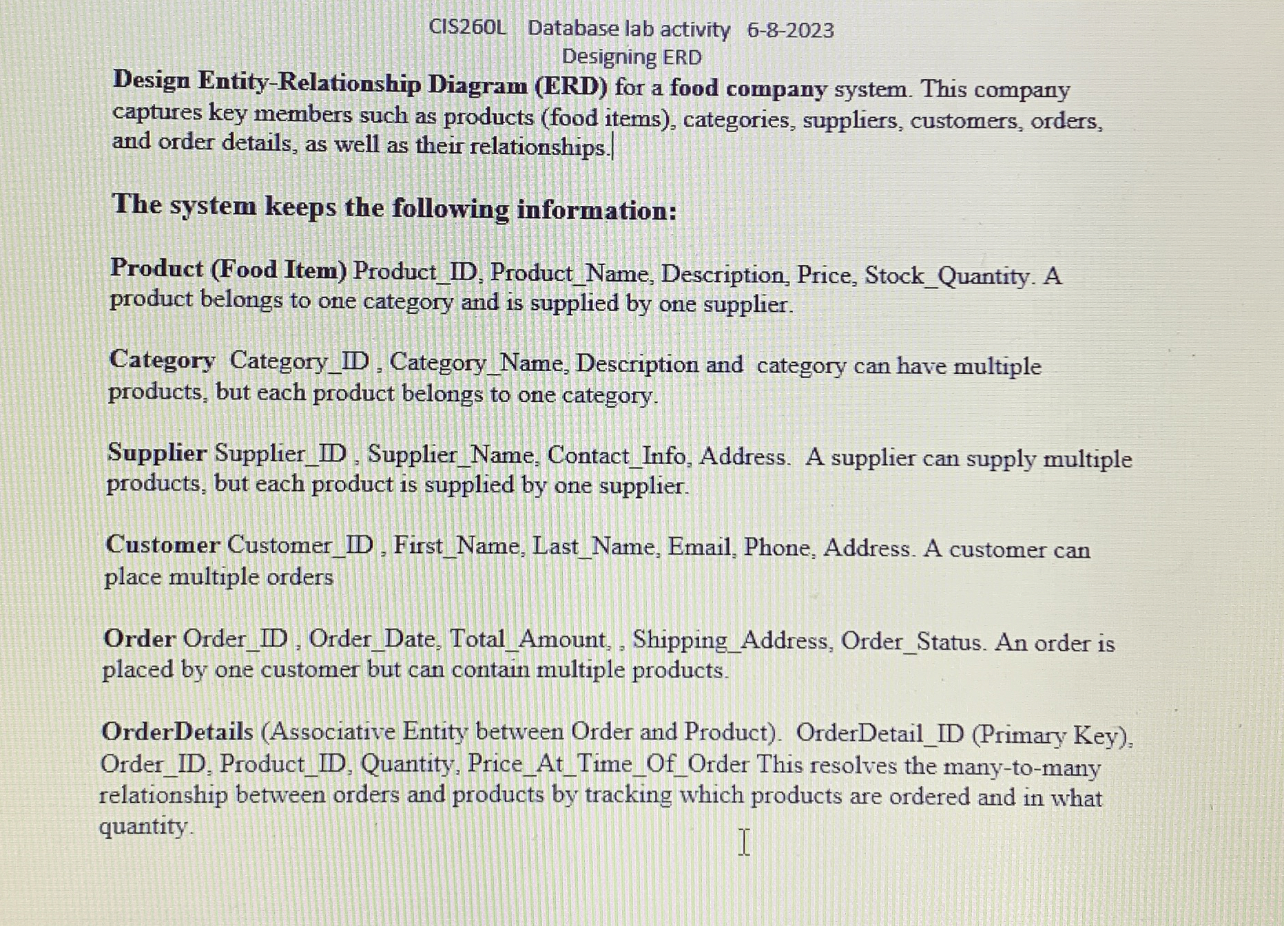 Database lab activity Designing ERD Design Entity