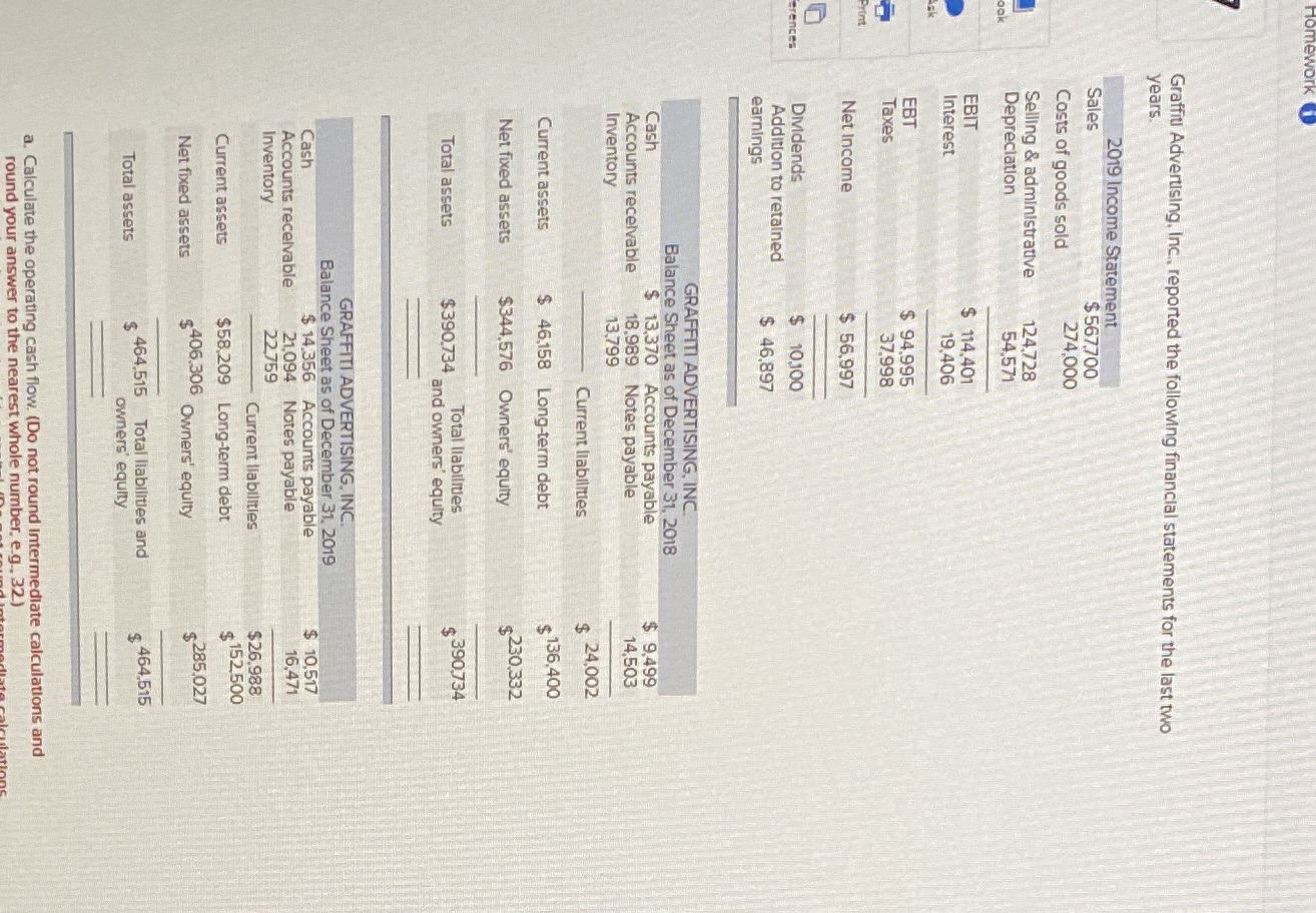 a. Caculate the operating cash flow. (Do not