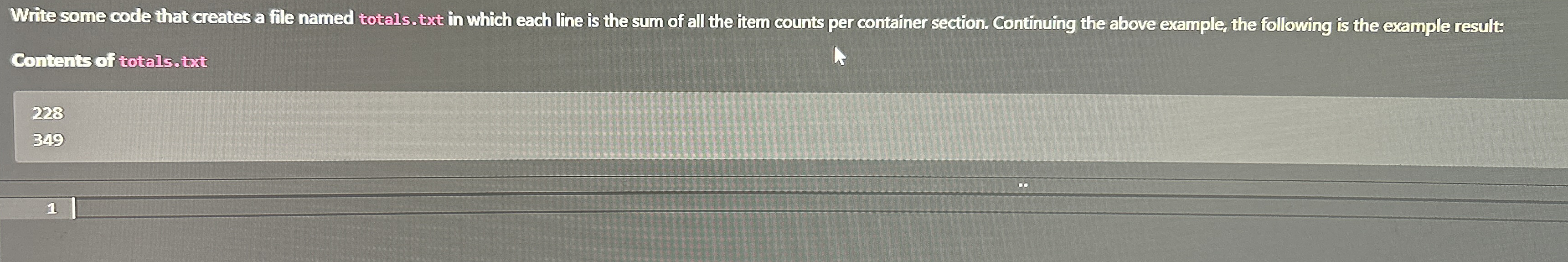 Write some code that creates a fie named totals.