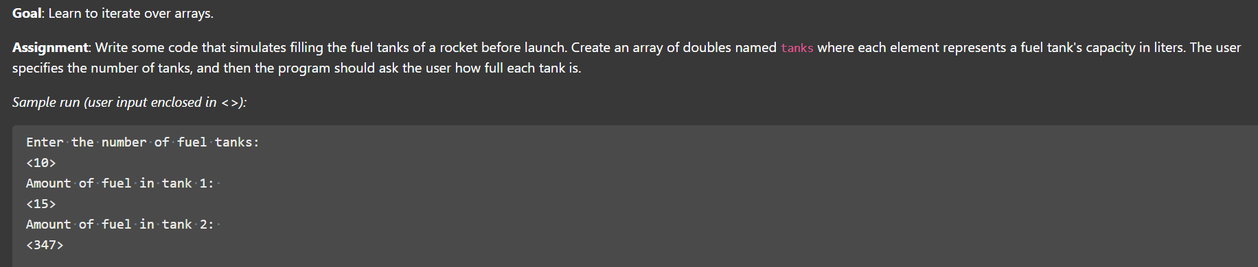 Goal: Learn to iterate over arrays. Assignment: