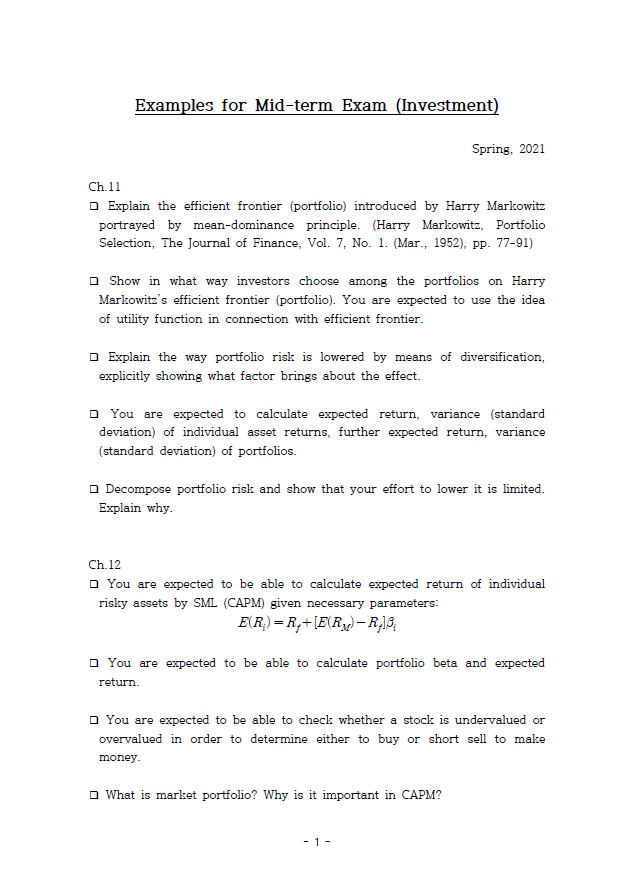 Examples for Midterm Exam jlnvestment! Spring,