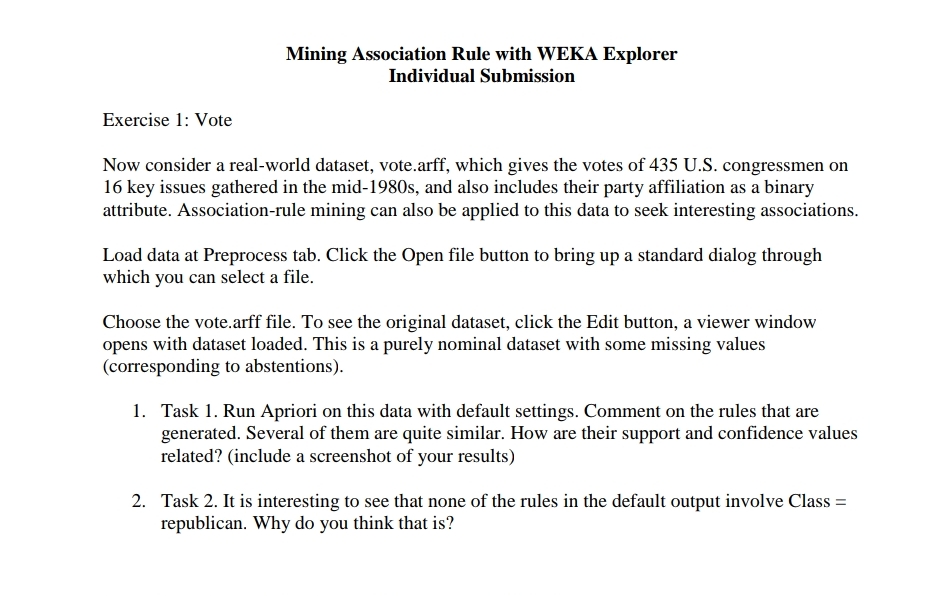 Exercise 1 : VoteMining Association Rule with