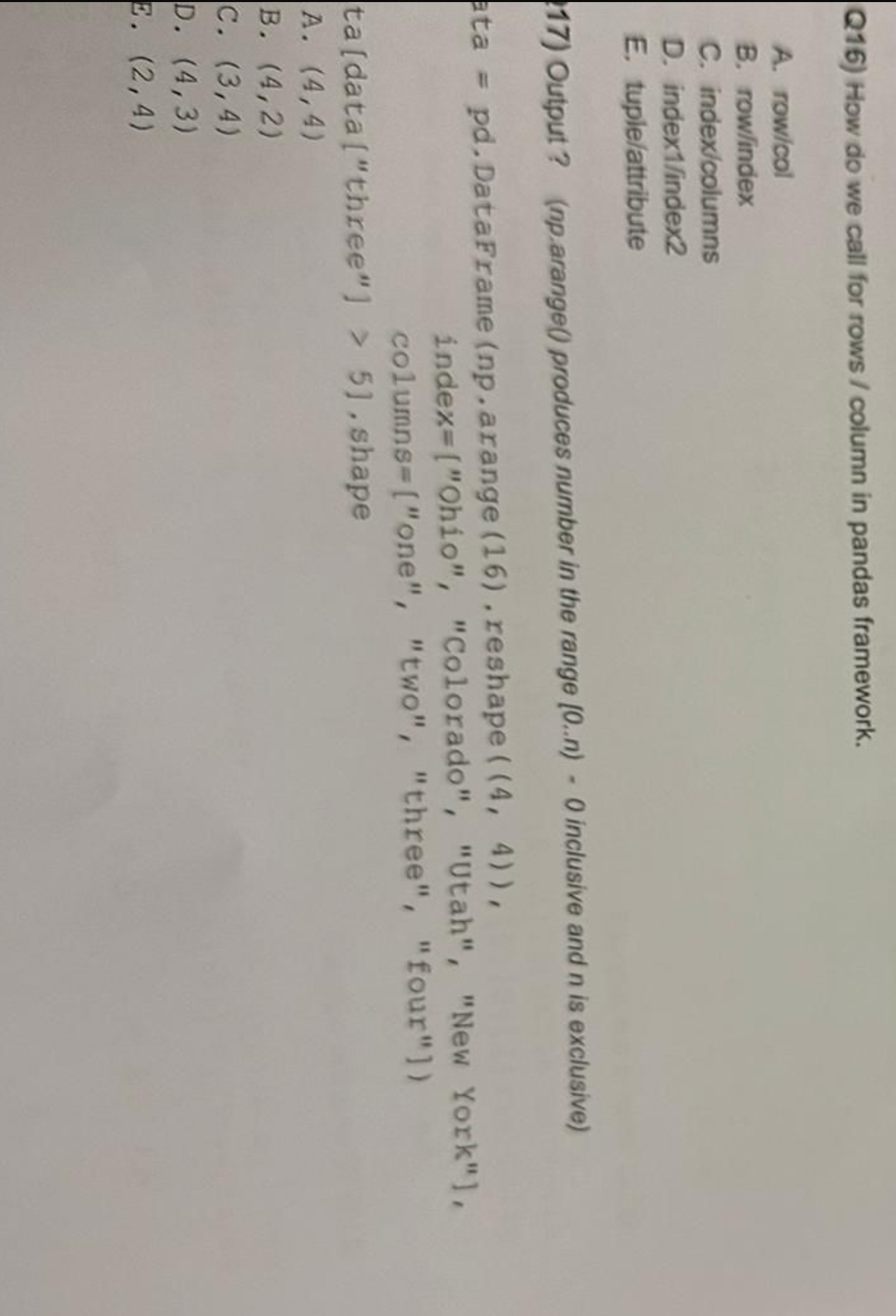 Q 1 6 ) How do we call for rows / column in