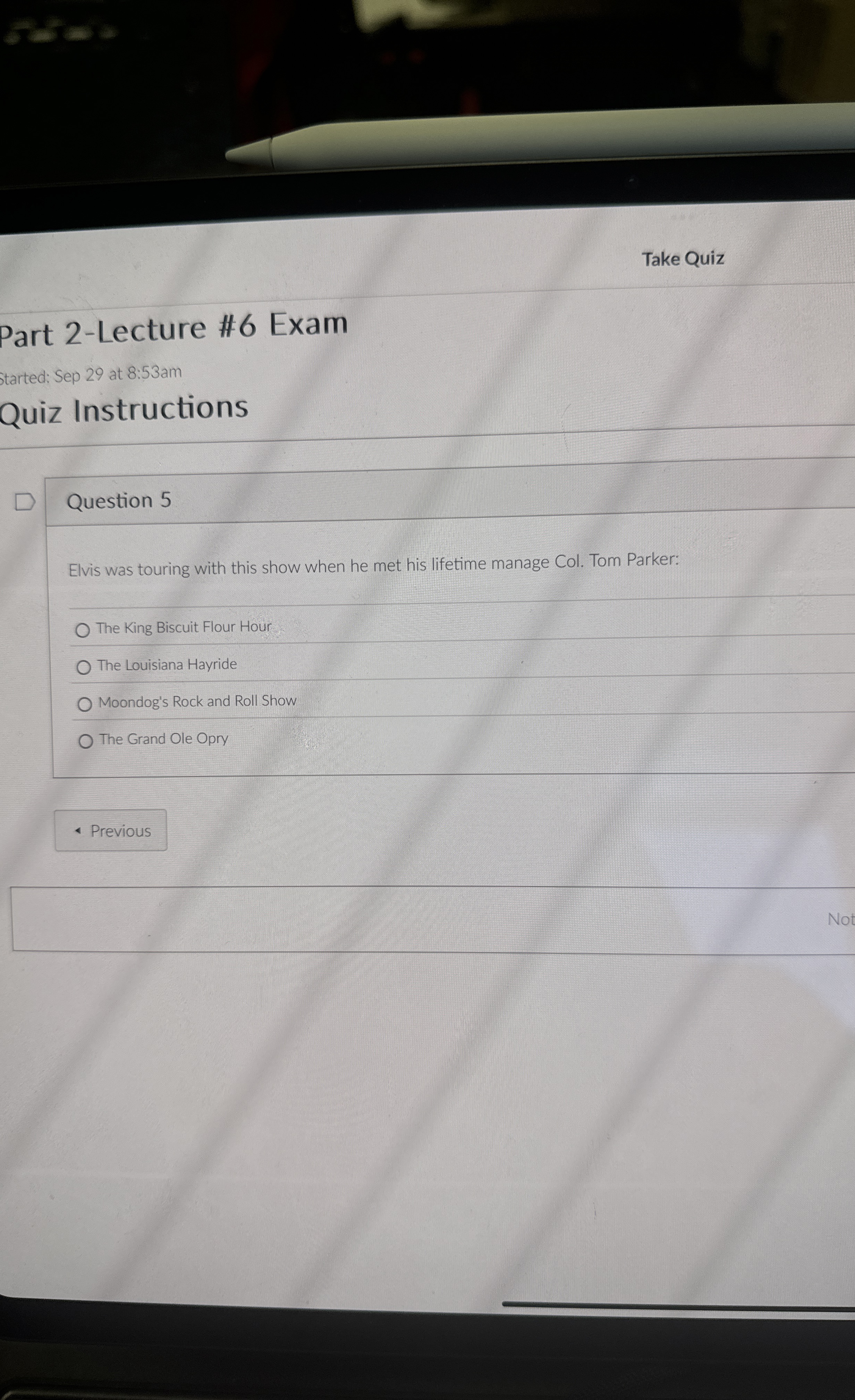 Question 5 Elvis was touring with this show when
