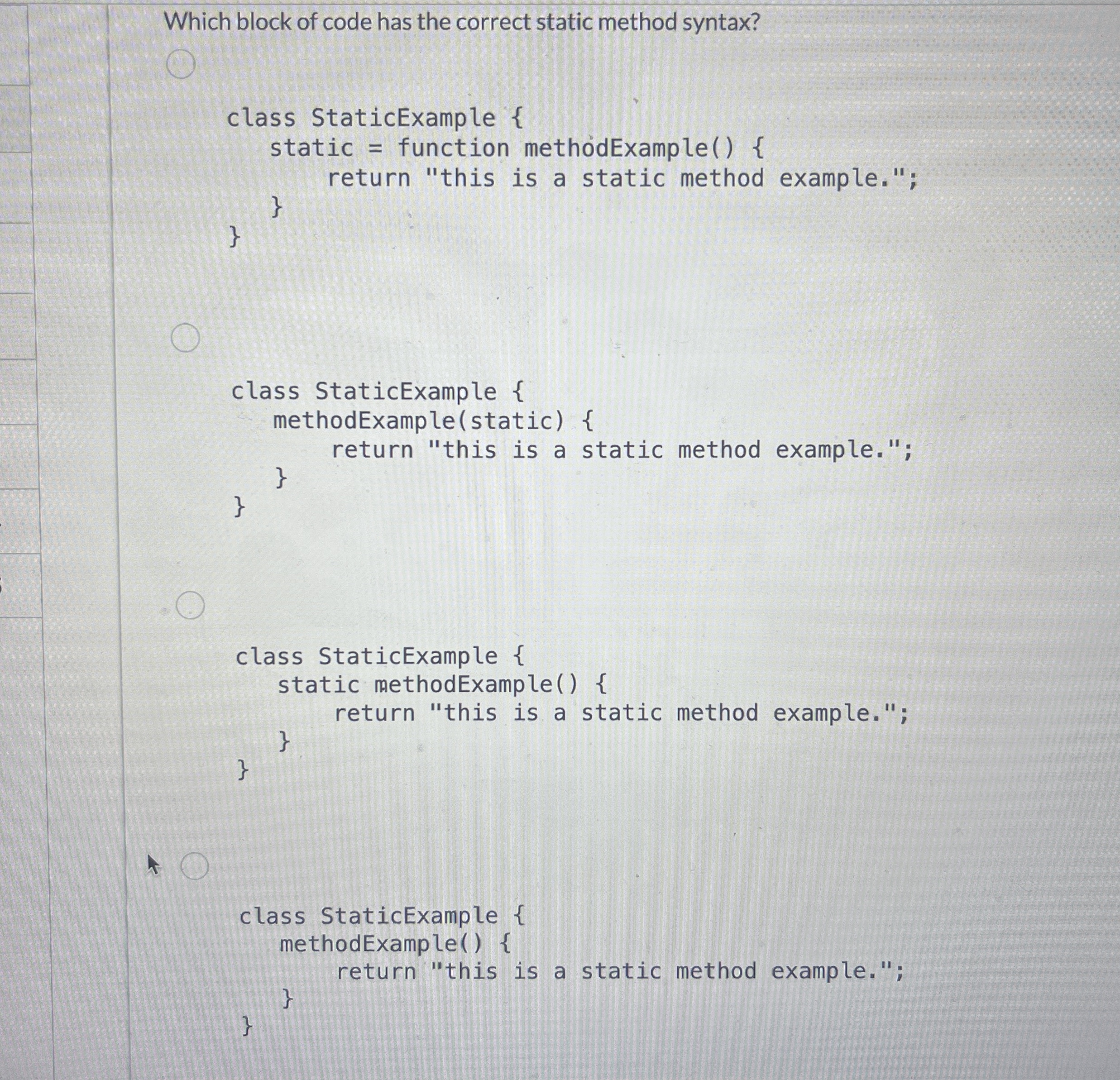 Which block of code has the correct static method