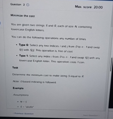 Quration 2 Max score 2 0 . 0 0 Minimire the cost