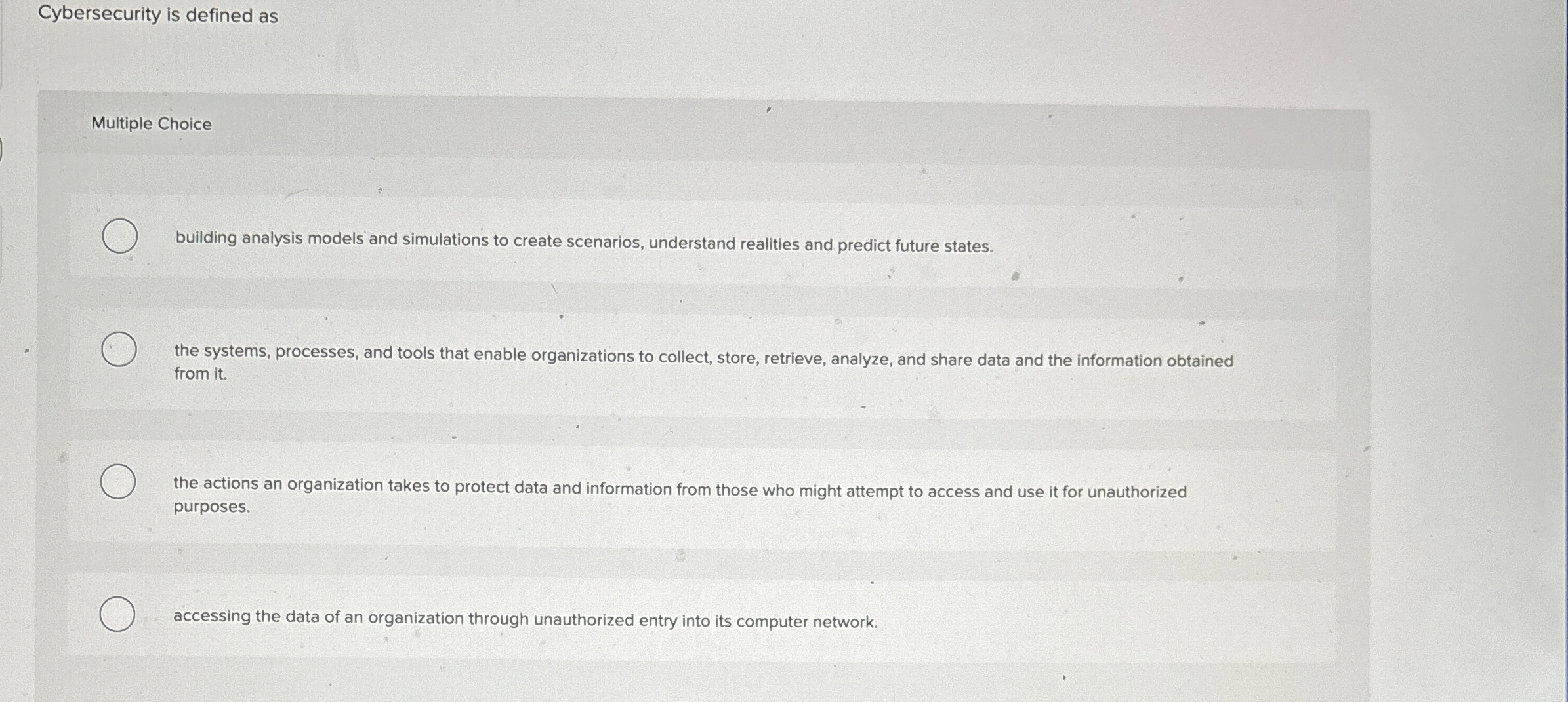 Cybersecurity is defined as Multiple Choice
