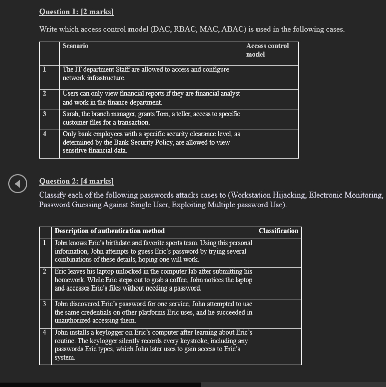Question 1 : [ 2 marks ] Write which access