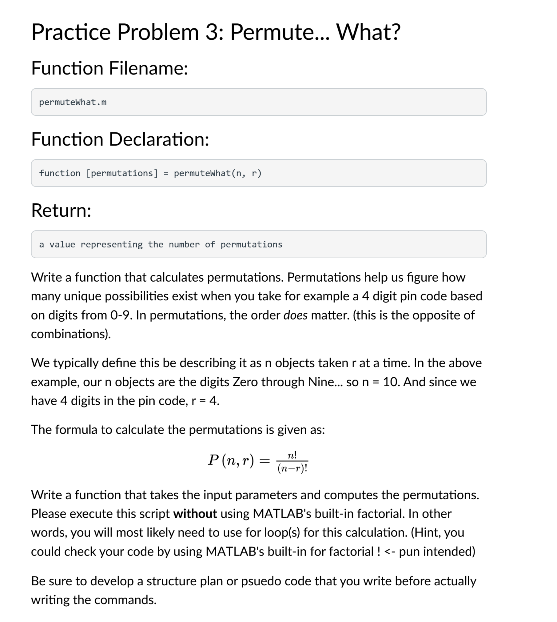Write a function that calculates permutations.