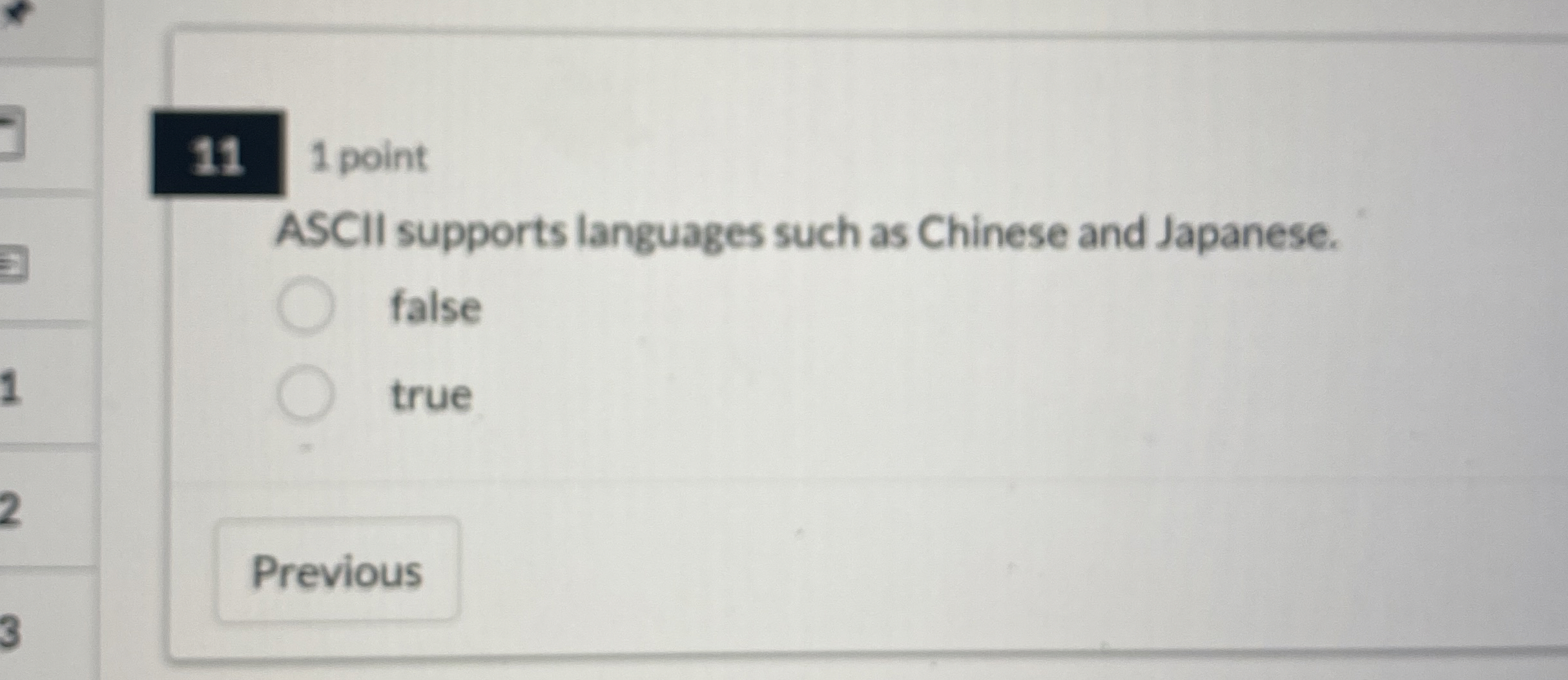1 point ASCII supports languages such as Chinese