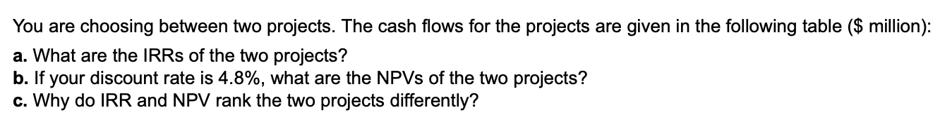 You are choosing between two projects. The cash