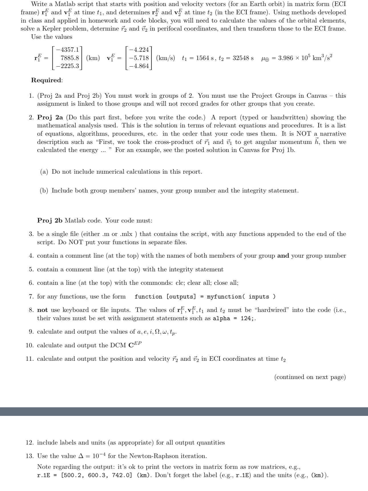 Write a Matlab script that starts with position