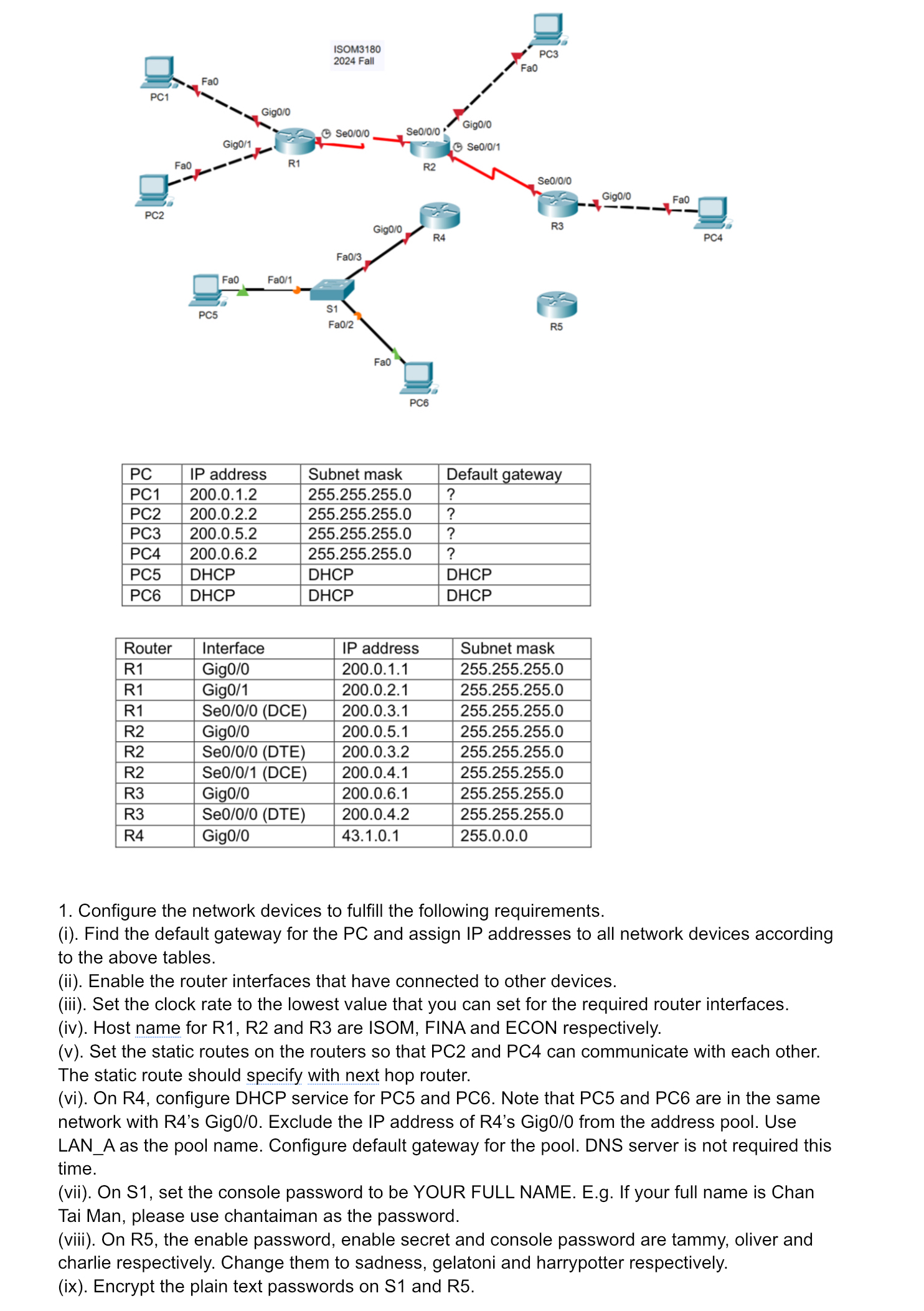 \ table [ [ PC , IP address,Subnet mask,Default