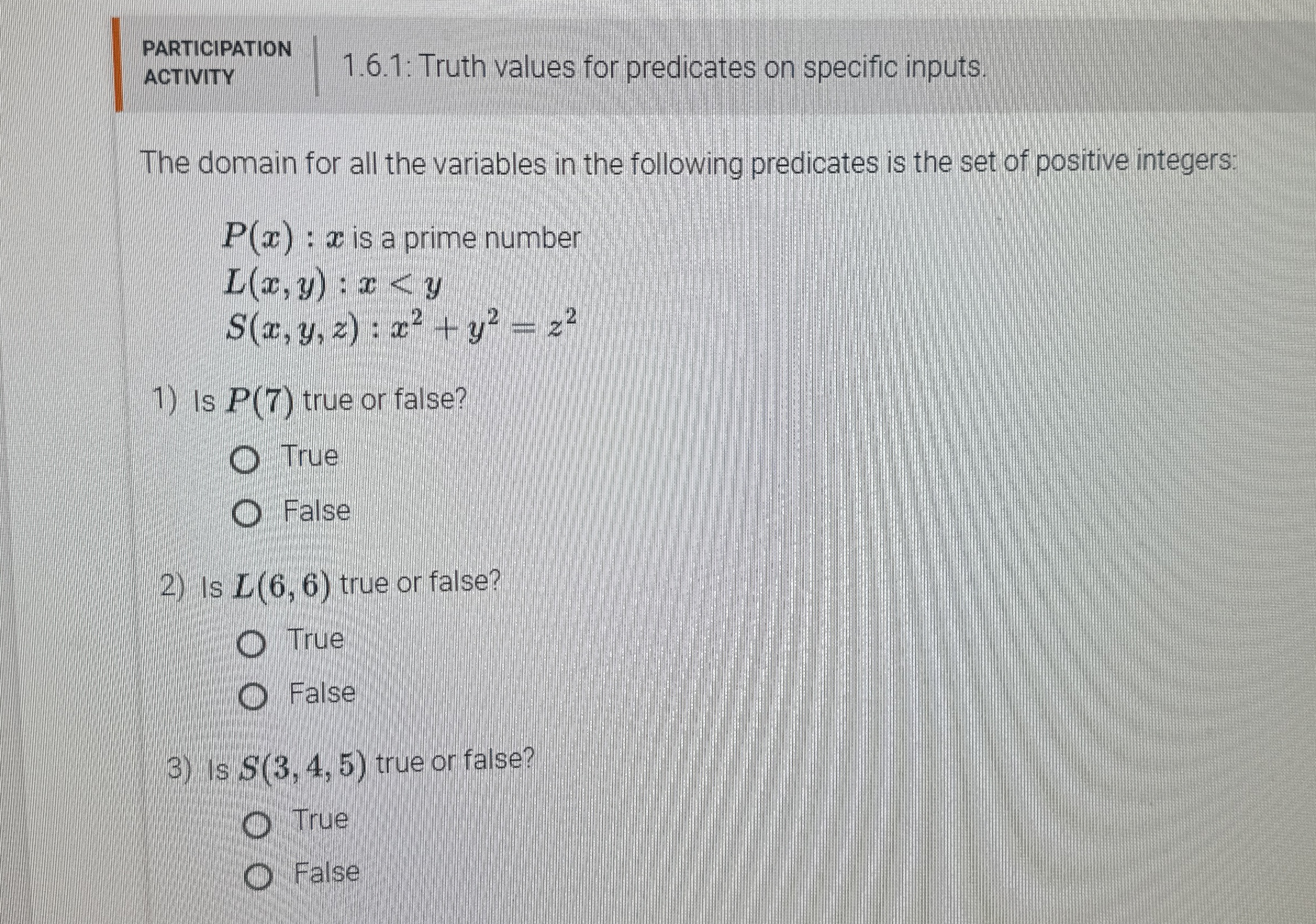1 . 6 . 1 : Truth values for predicates on