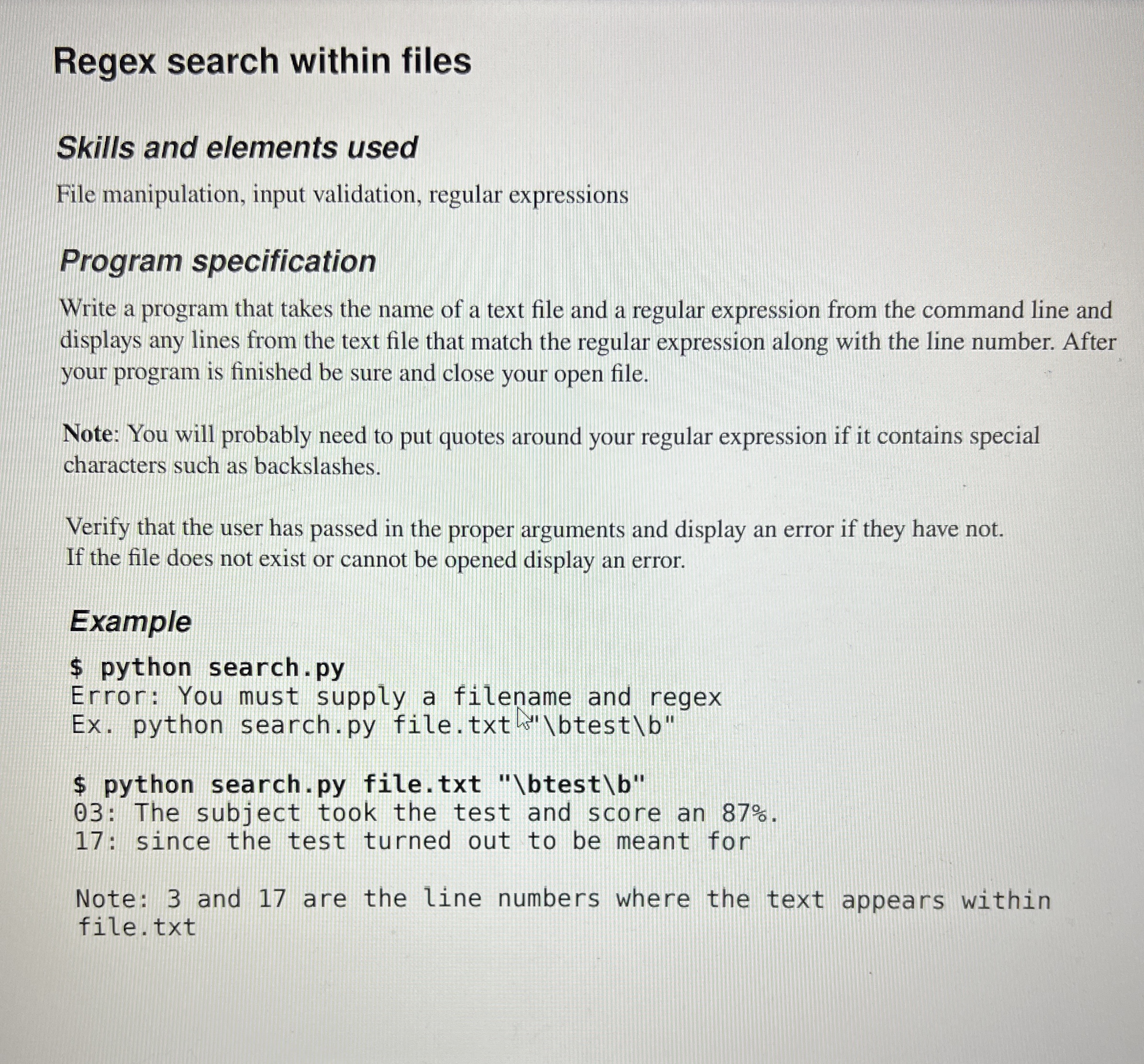 Regex search within files Skills and elements