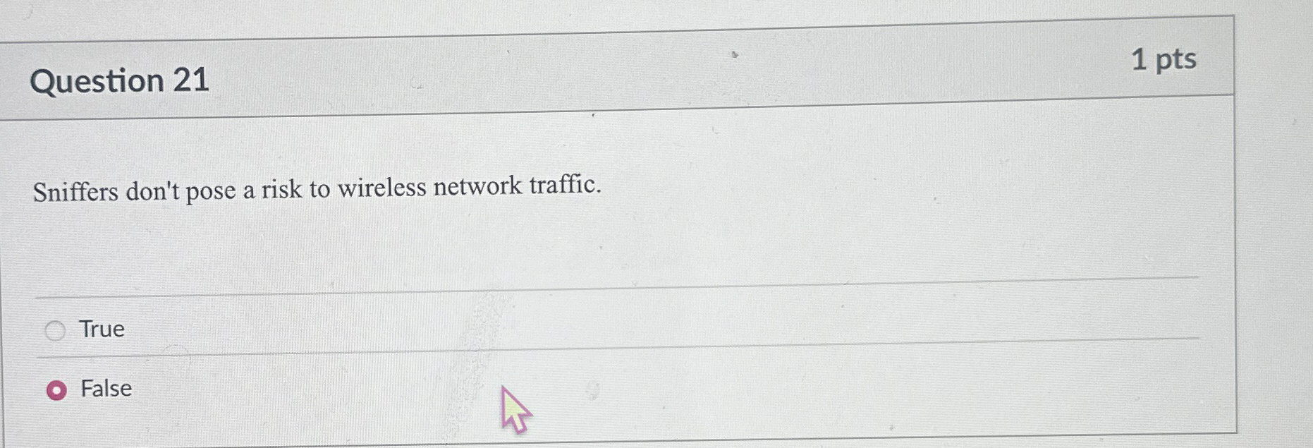 Question 2 1 1 pts Sniffers don't pose a risk to