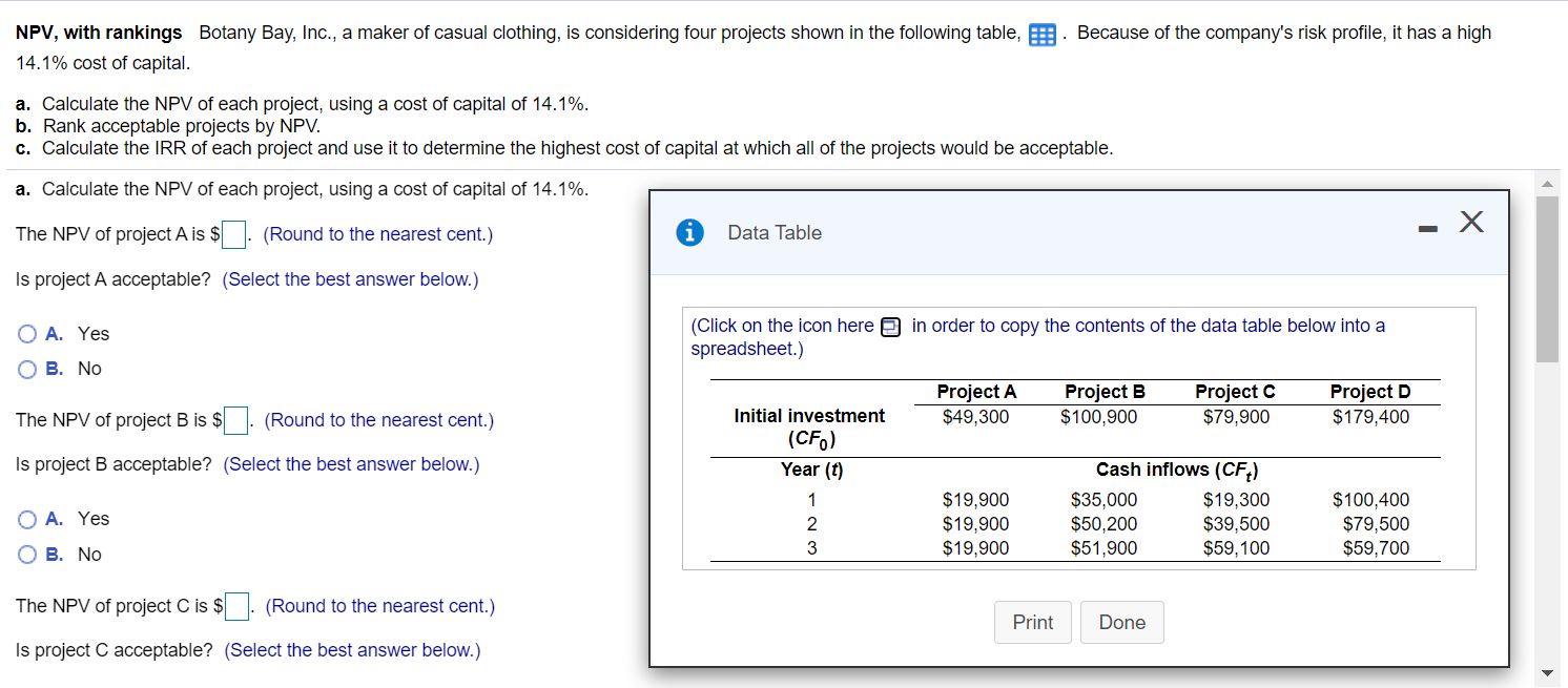 NPV, with rankings Botany Bay, Inc., a maker of
