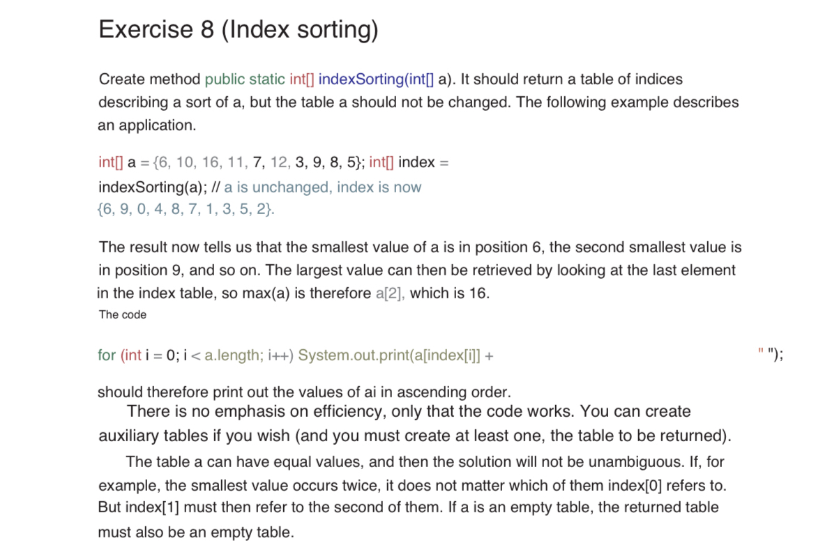 Exercise 8 ( Index sorting ) Create method public