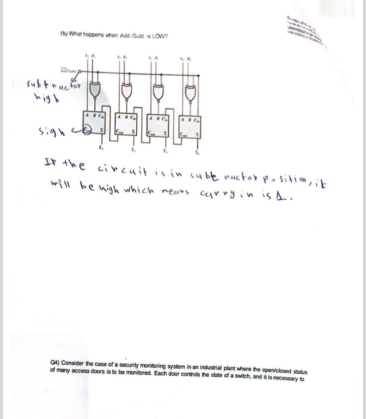 ( b ) What happens when Add / Subt is LOW? Q 4 )