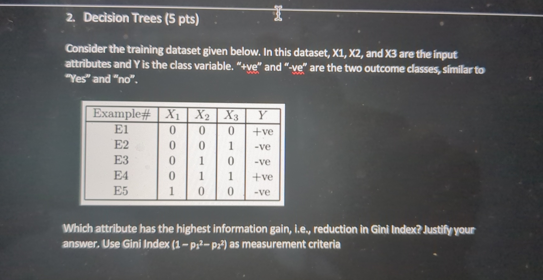Decision Trees ( 5 pts ) Consider the training