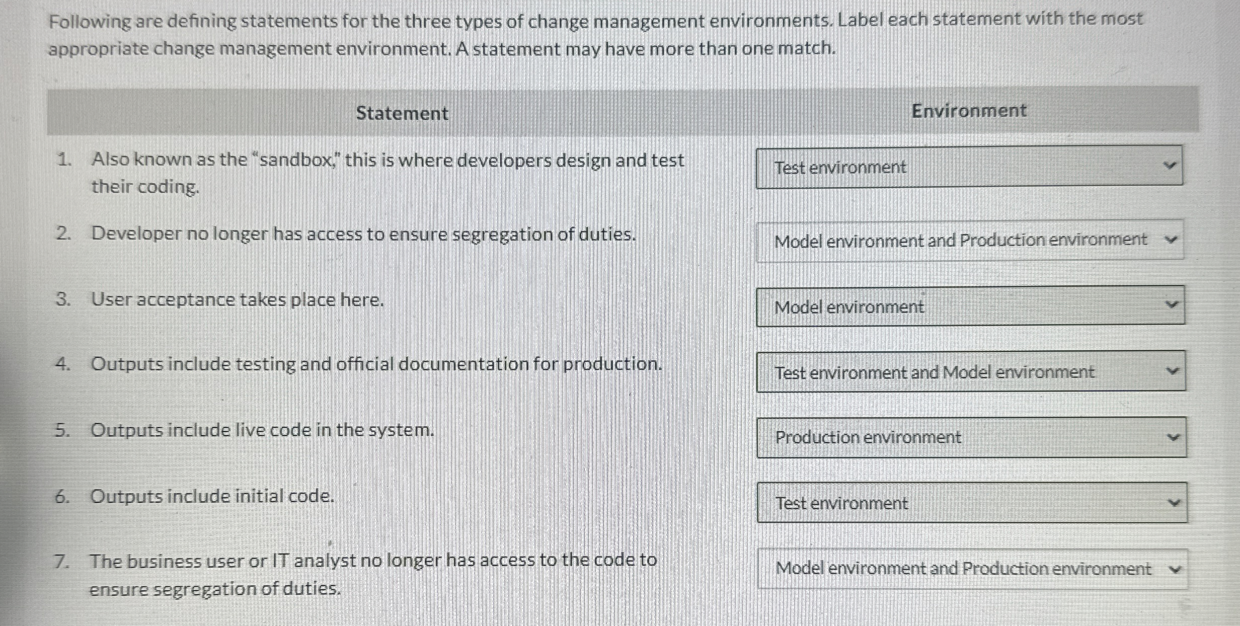 appropriate change management environment. A